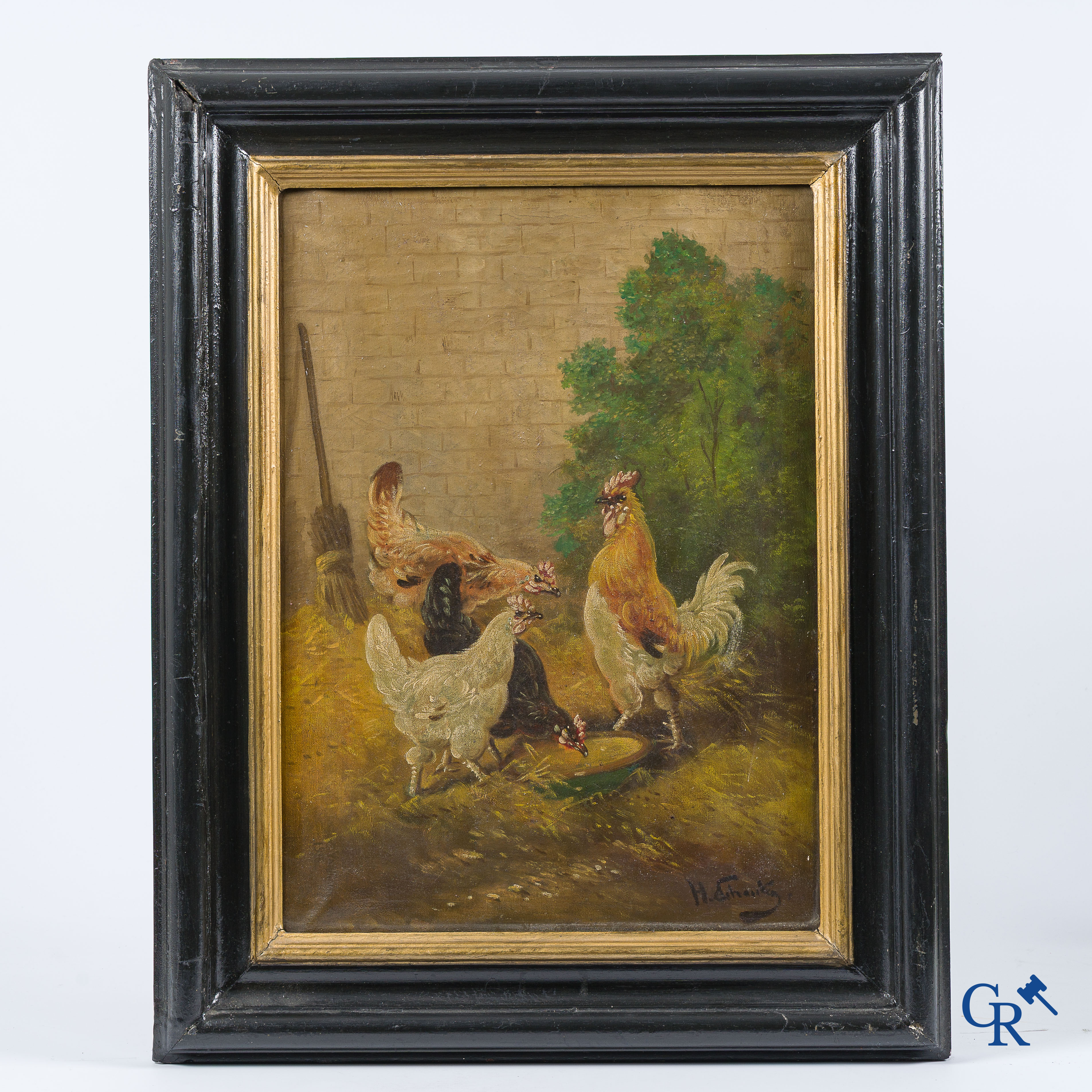 Henry Schouten. Poulets et coq. Huile sur toile. Signé en bas à droite H. Schouten.