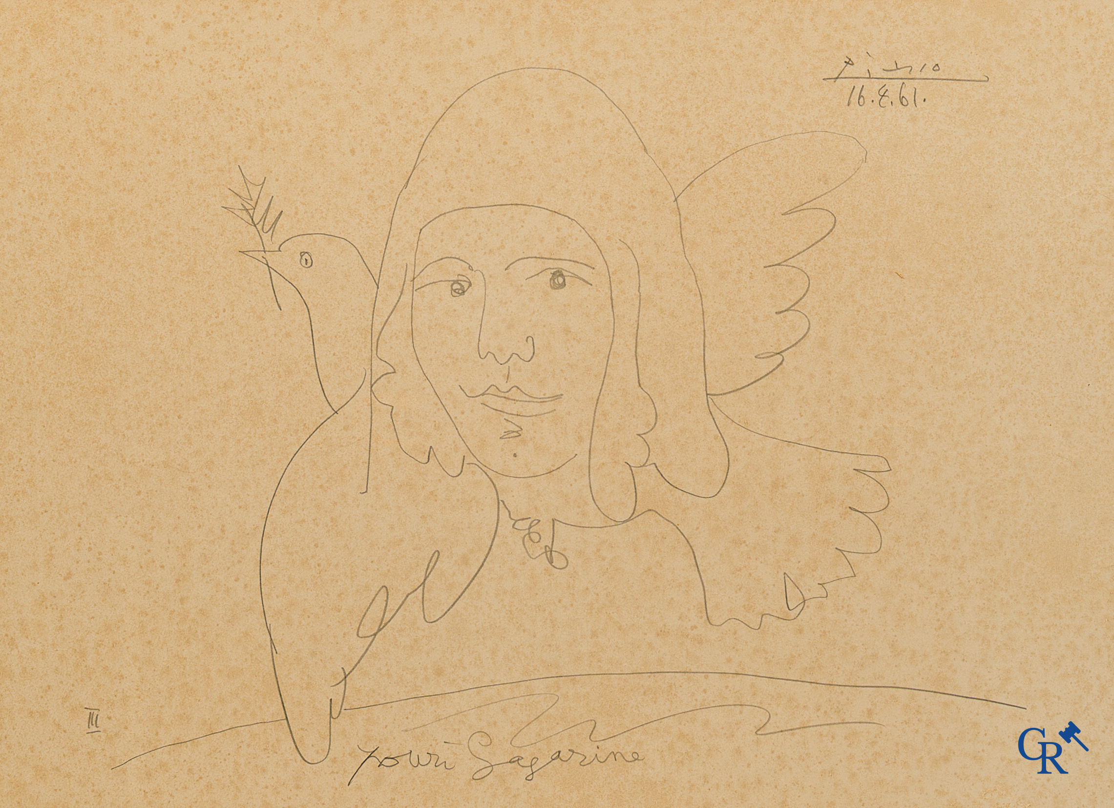Pablo Picasso (1881-1973)(*) Youri Gagarine. Lithographie, d'après un dessin daté 16/4/61.