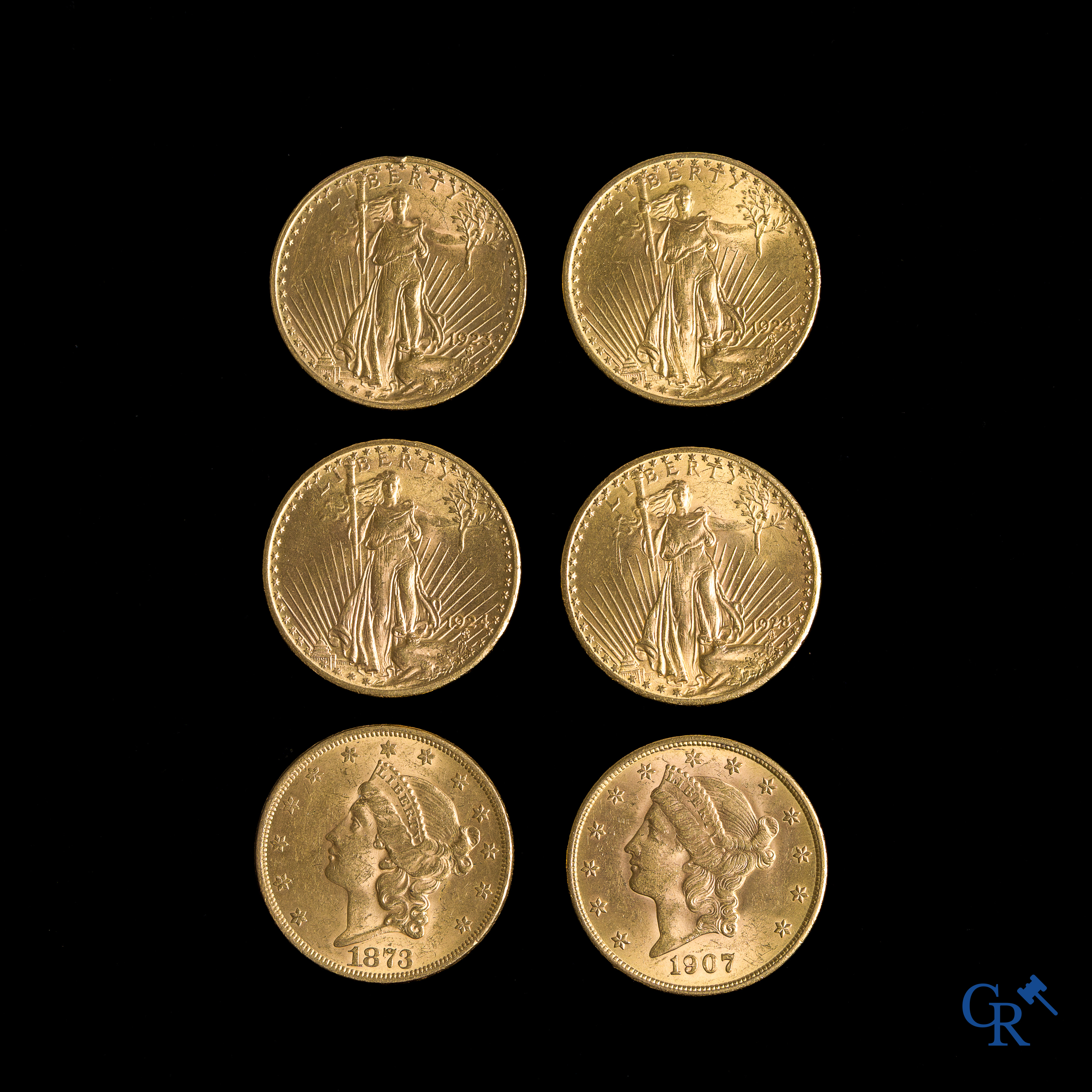 Pièces de monnaie. 6 dollars US en or. 4 x Liberty (1923, 1924 (2) et 1928). 2 x Gaudens (1873 et 1907).