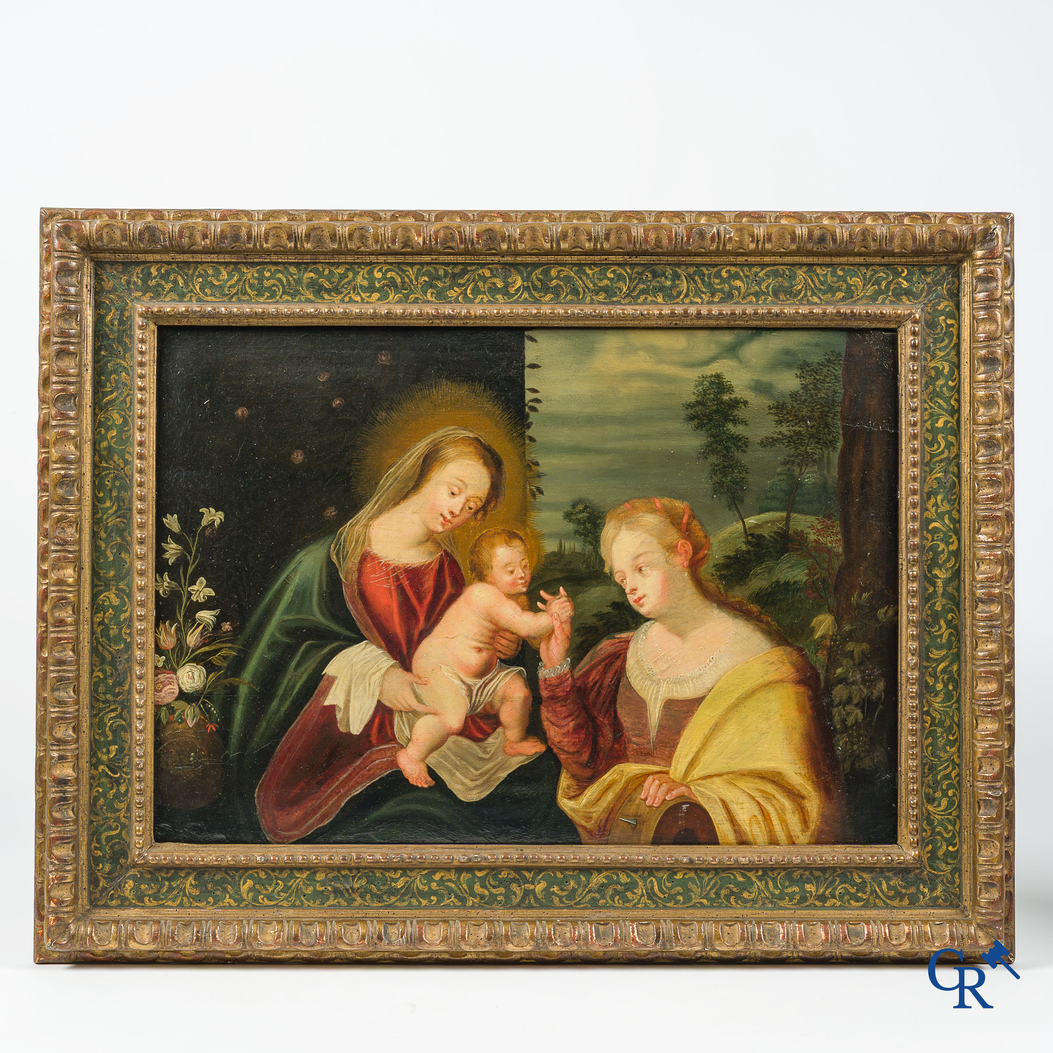 École flamande, XVIIe siècle. Peinture, huile sur panneau. "Mariage mystique de Sainte Catherine".
