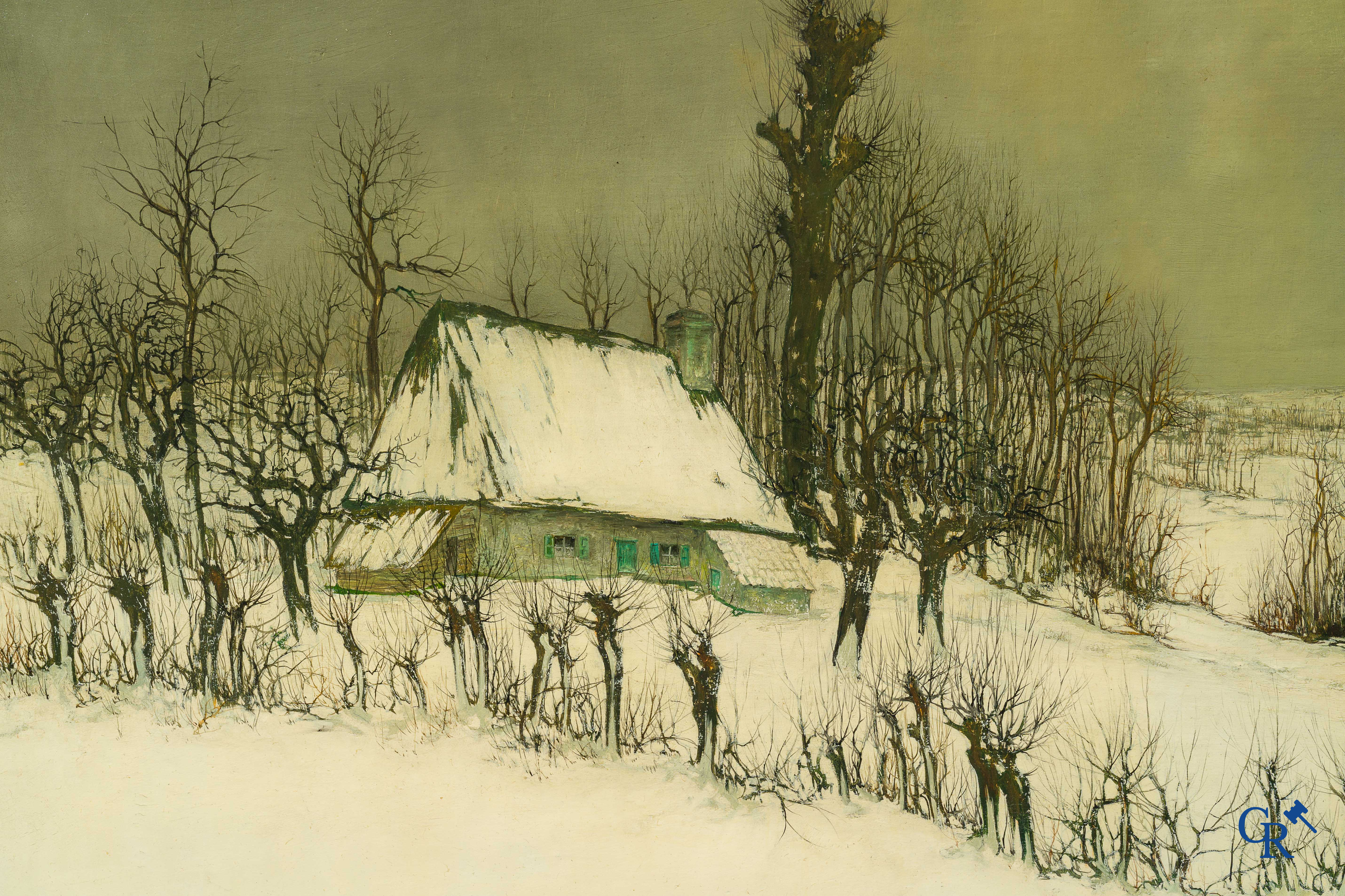 Leo Piron (1899-1962) Paysage hivernal, vue de Nukerke. Huile sur toile. Signé en bas à droite Piron Nukerke.