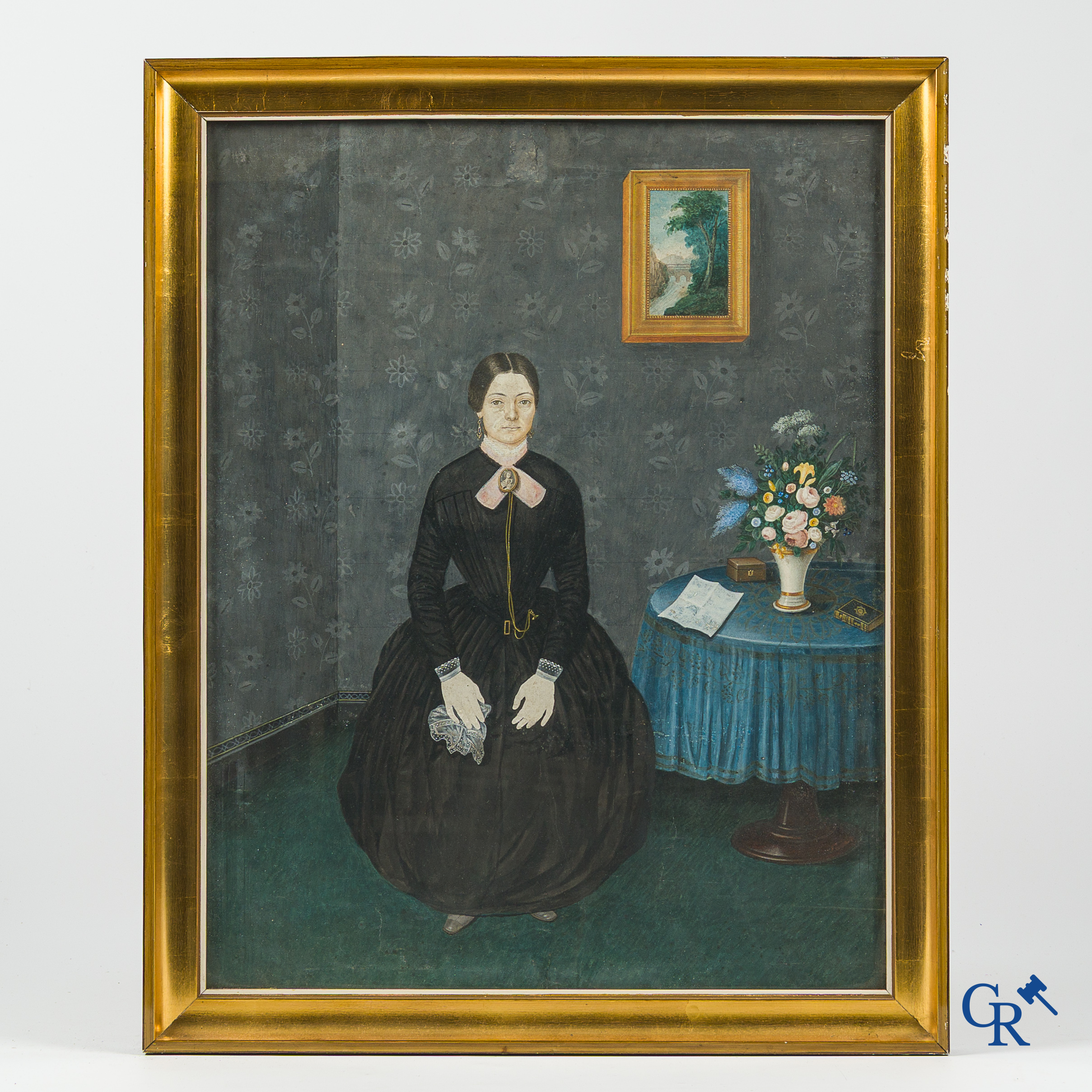 Ammi Phillips (1788-1865) Amerikaanse folk art. Portret van een jonge vrouw met kanten kraag en sieraden.