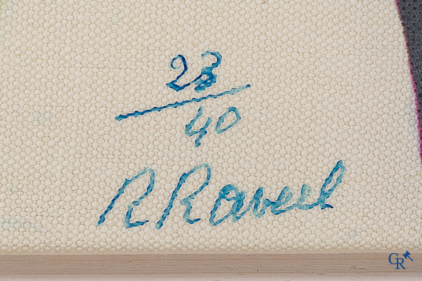 Roger Raveel (1921-2013)(*) "Homme voûté dans un espace rayé" Imprimé sur toile de lin. Numéroté 23/40.