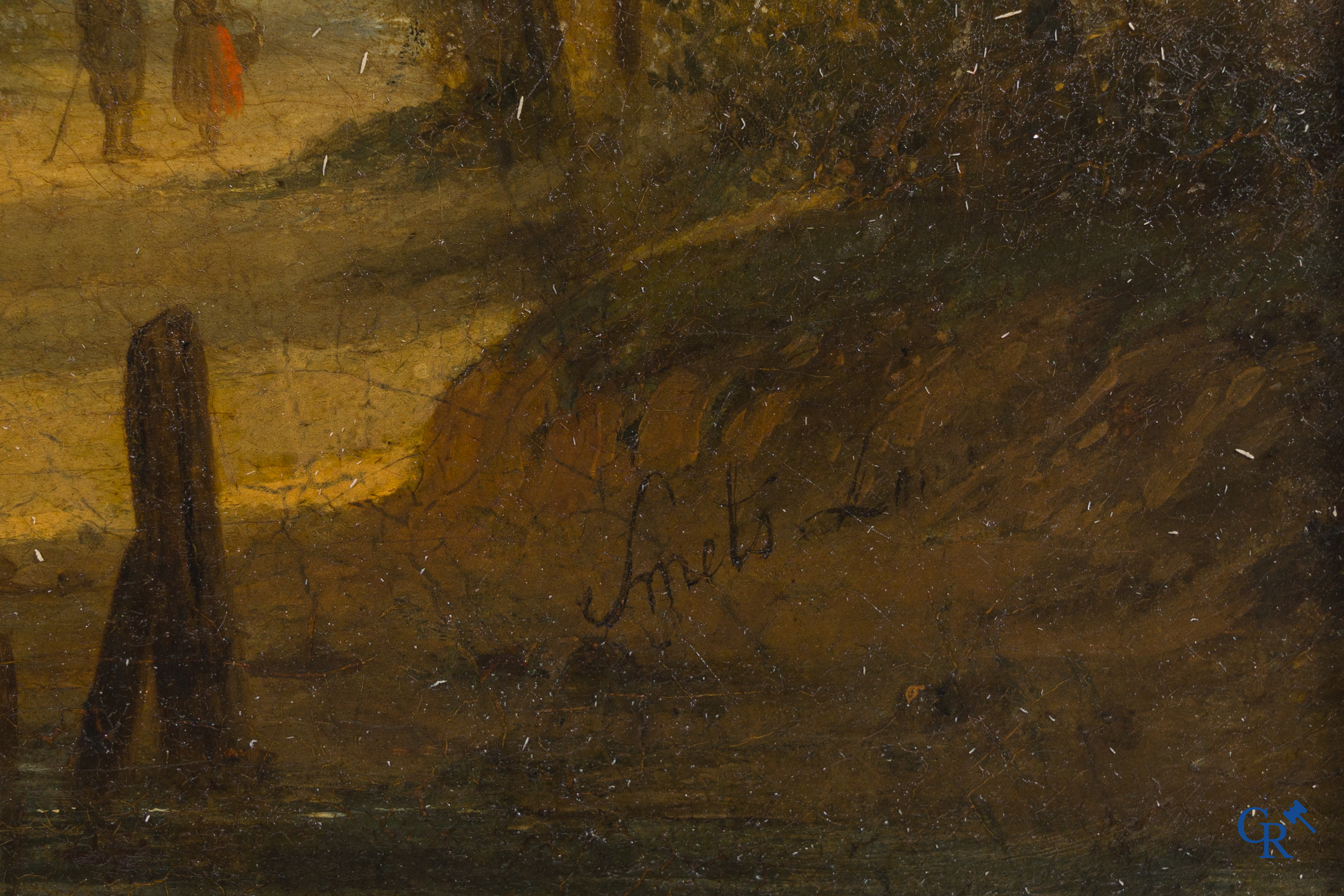 Smets Louis (1840-1896) Paysage hollandais aquatique avec des personnages sur une barque. Huile sur acajou. Signé en bas à droite.