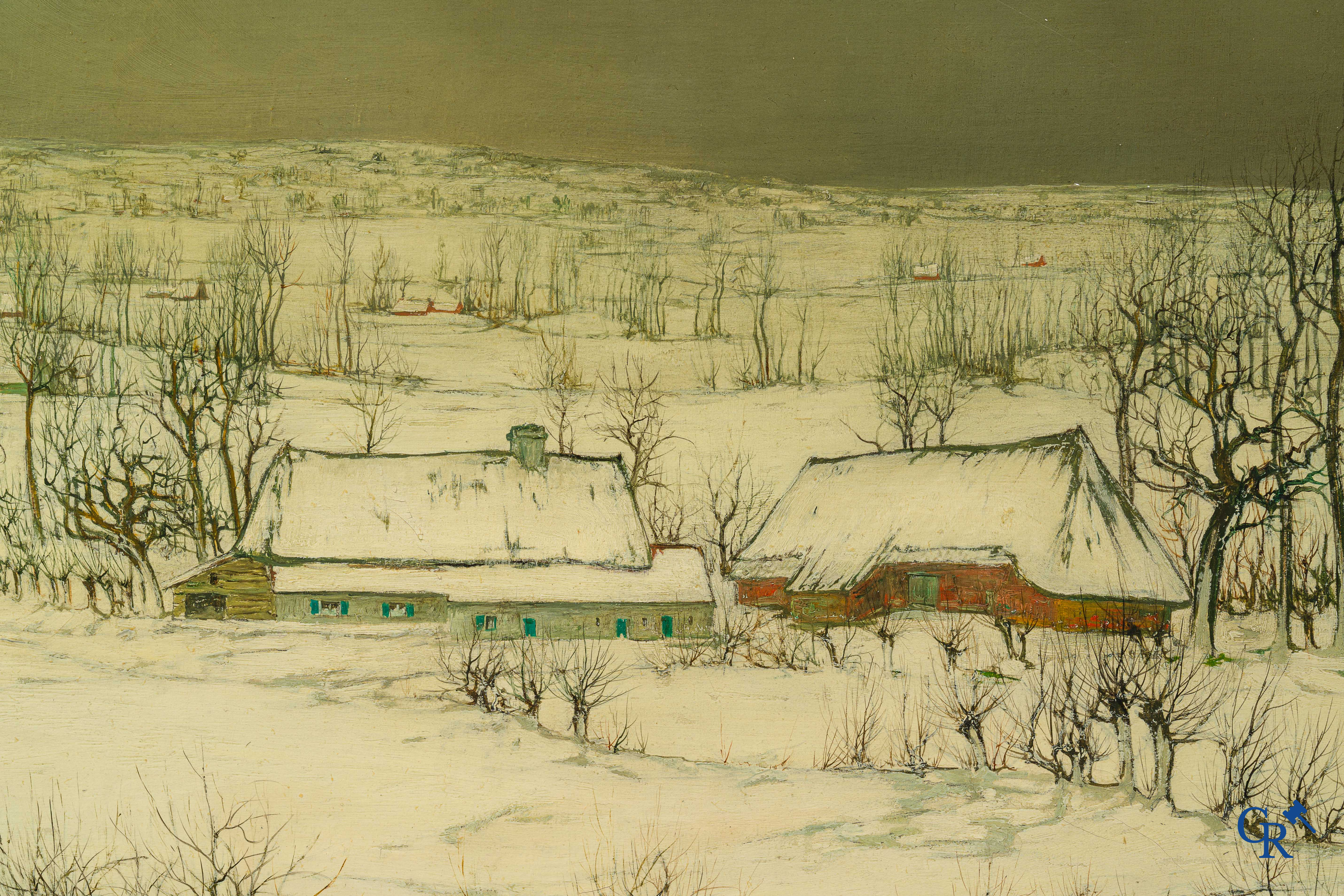 Leo Piron (1899-1962) Paysage hivernal, vue de Nukerke. Huile sur toile. Signé en bas à droite Piron Nukerke.