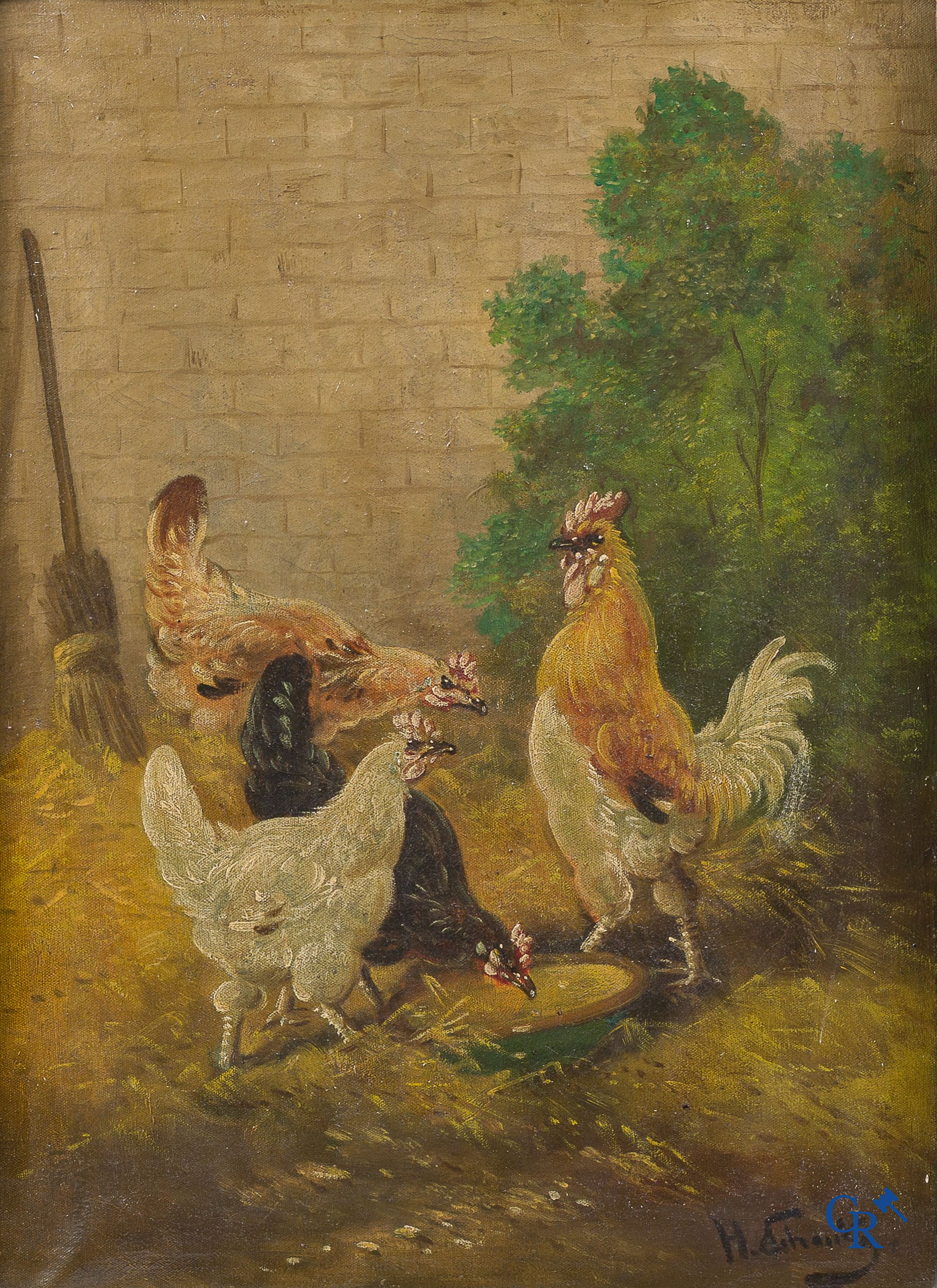 Henry Schouten. Poulets et coq. Huile sur toile. Signé en bas à droite H. Schouten.