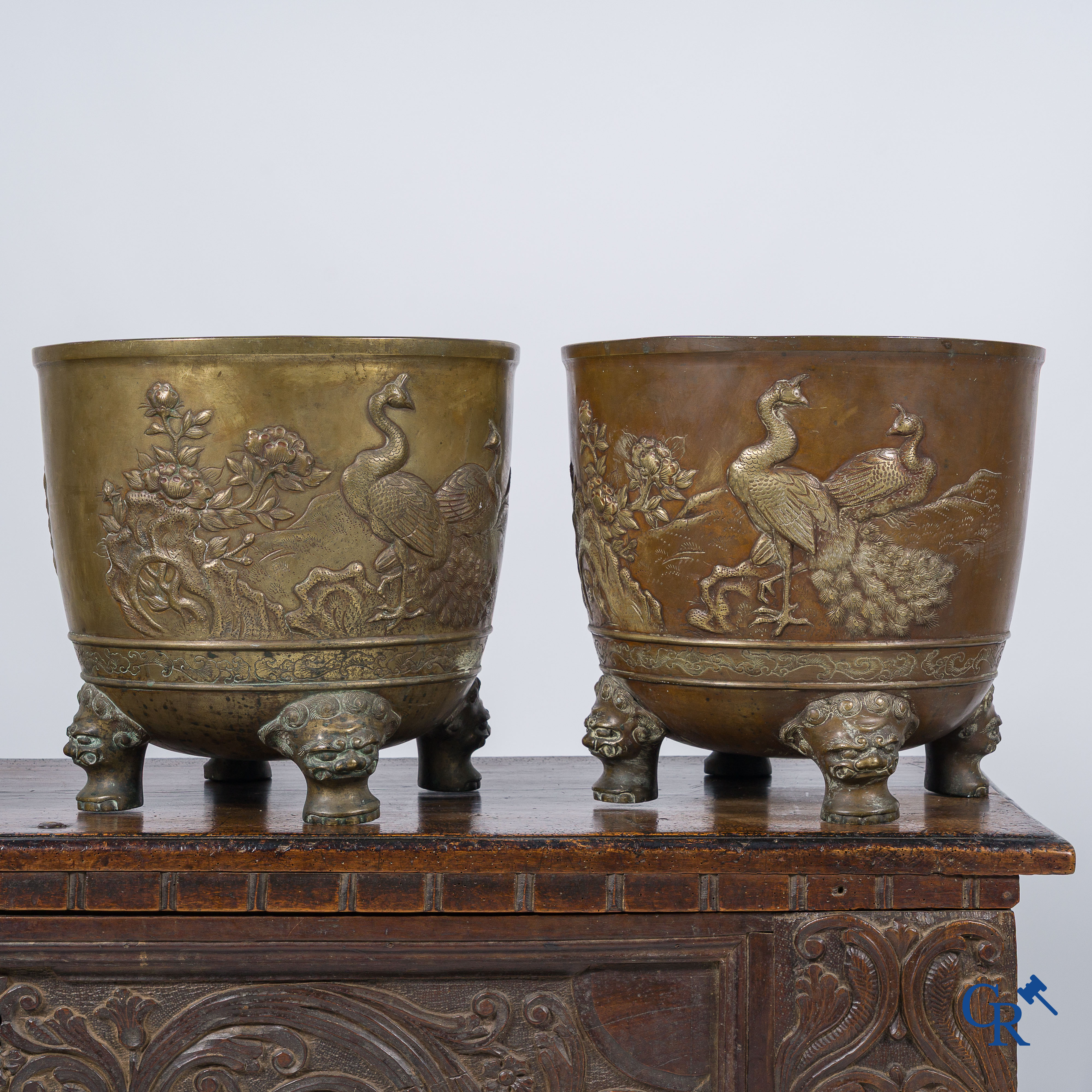 Aziatica. Japan. 2 grote Japanse bronzen cache-pots of jardinières. Decor van pauwen. 19e eeuw.