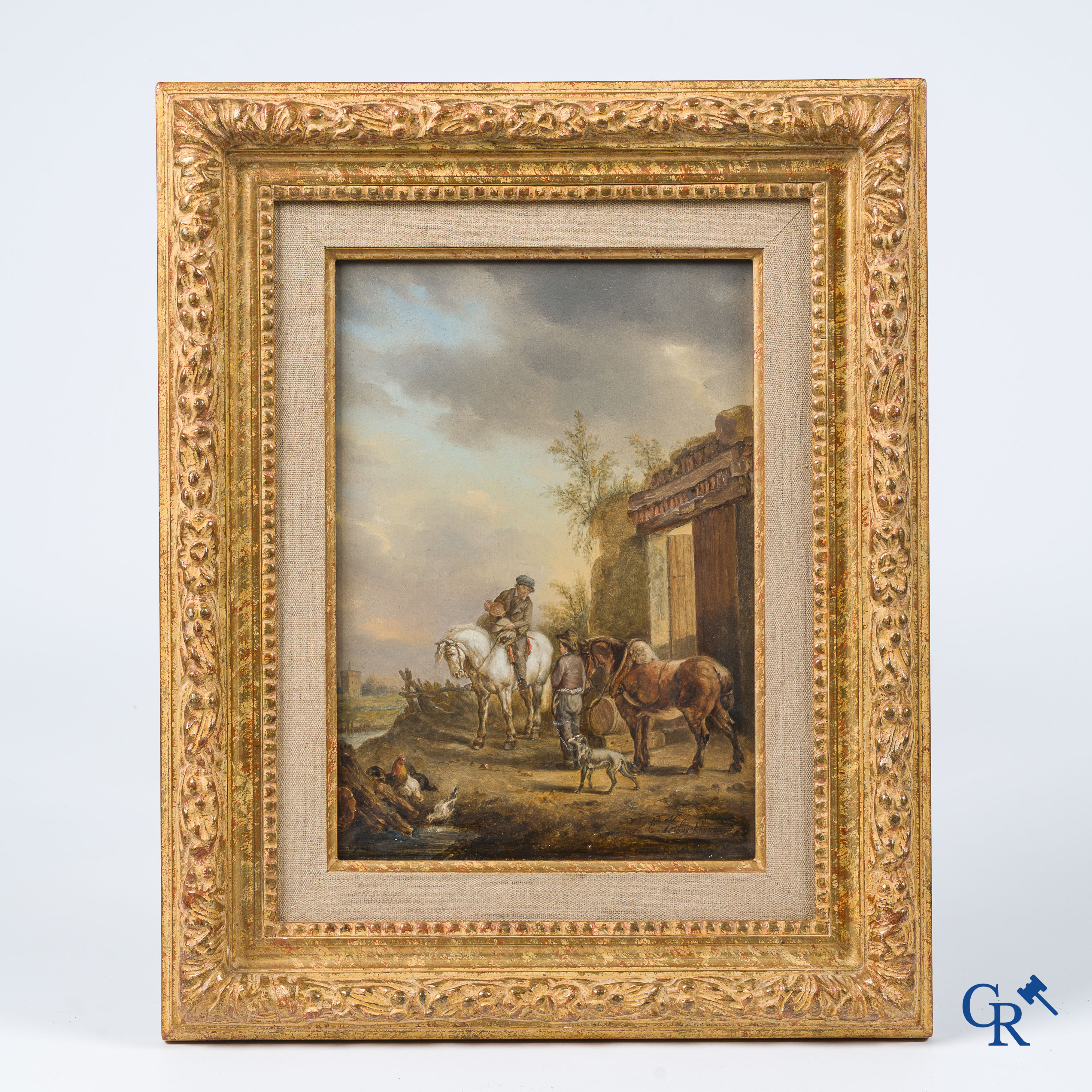 Eugène Verboeckhoven (1798-1881) Reiziger te paard bij rustplaats. Olie op mahonie paneel. Rechtsonder gesigneerd.