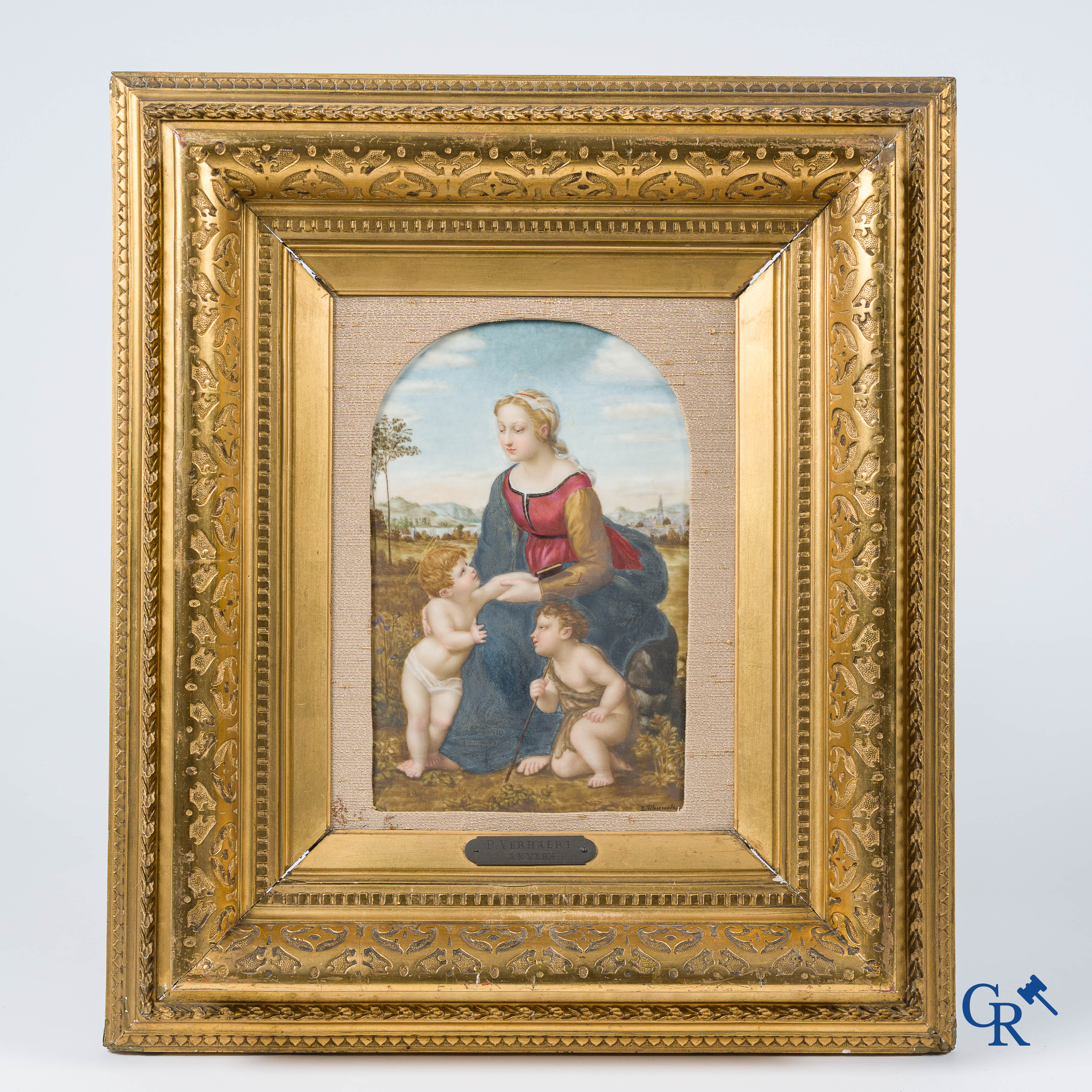 In de stijl van Meissen of KPM. Schilderij op porselein. Naar Raphaël. "La Belle Jardinière".