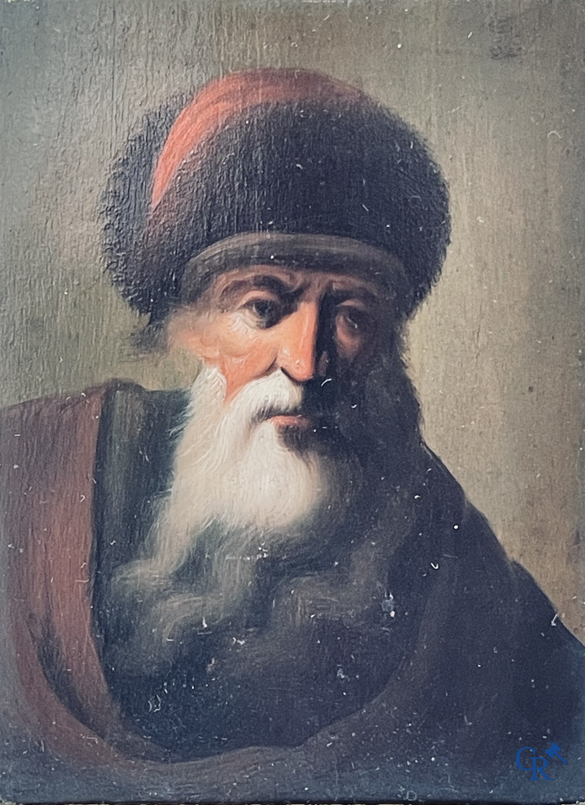 A pair of portrait paintings after Rembrandt Van Rijn, oil on panel, 2 portrait pen drawings attached. 19th century.