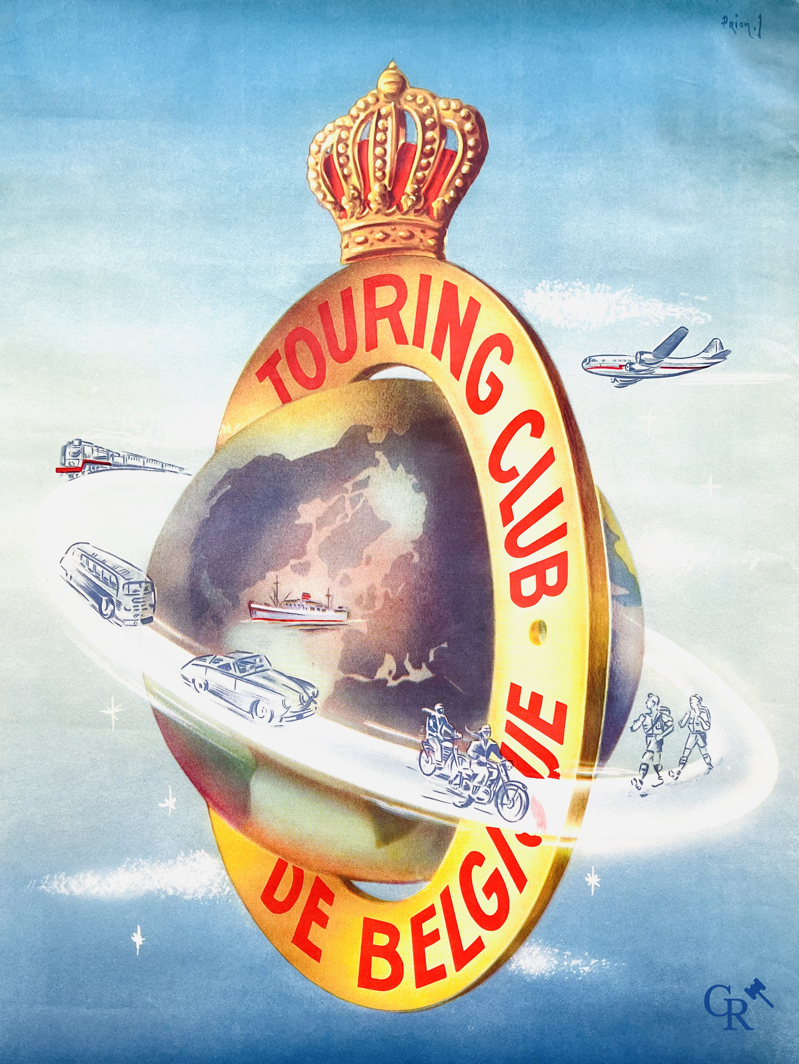 J. Prion, Touring Club De Belgique. Rare publicity poster for the Touring Road Help of Belgium. 1950's.