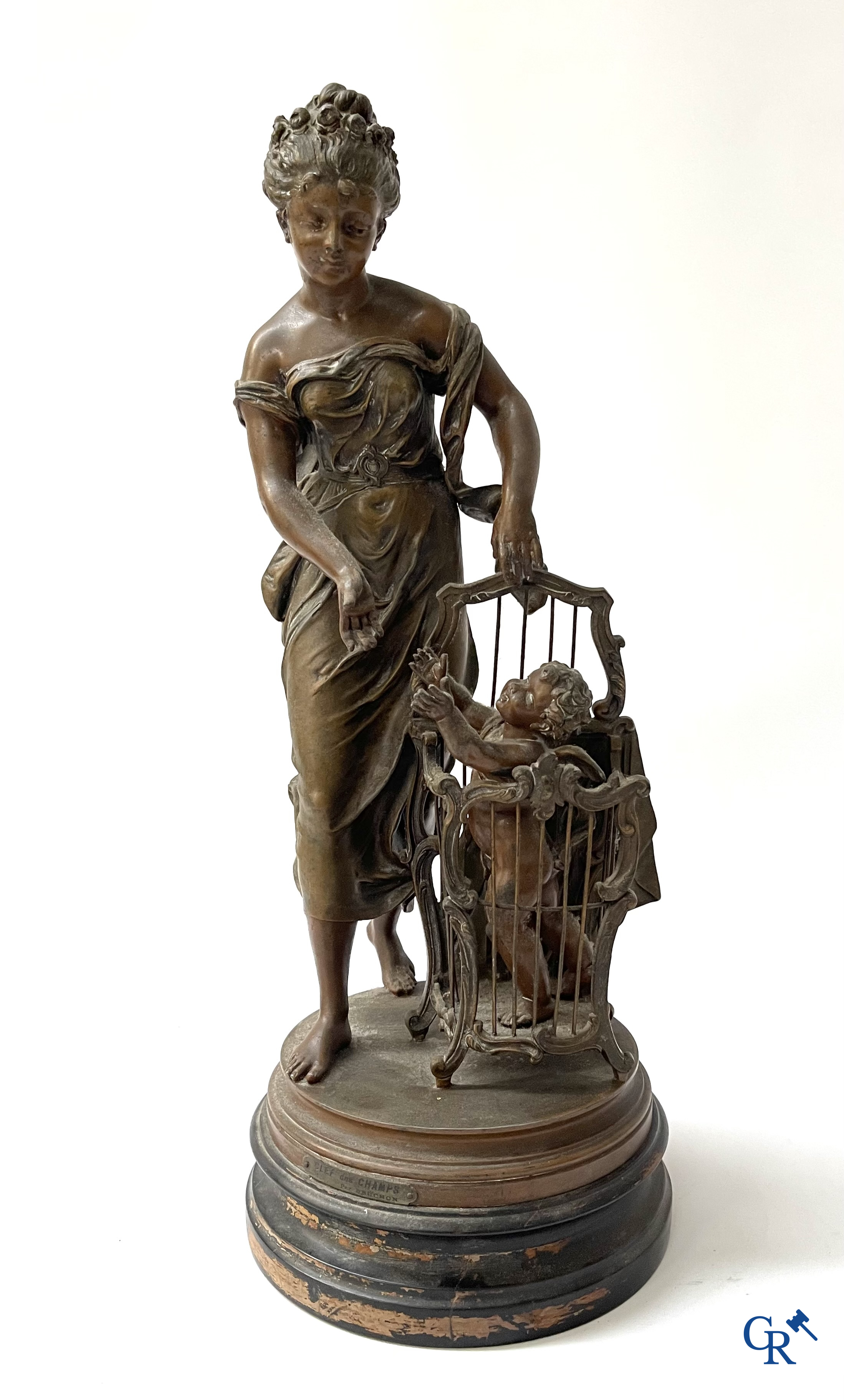 A lot of 3 sculptures in spelter. Anatole Guillot, Emile Bruchon, Rousseau. Circa 1900.