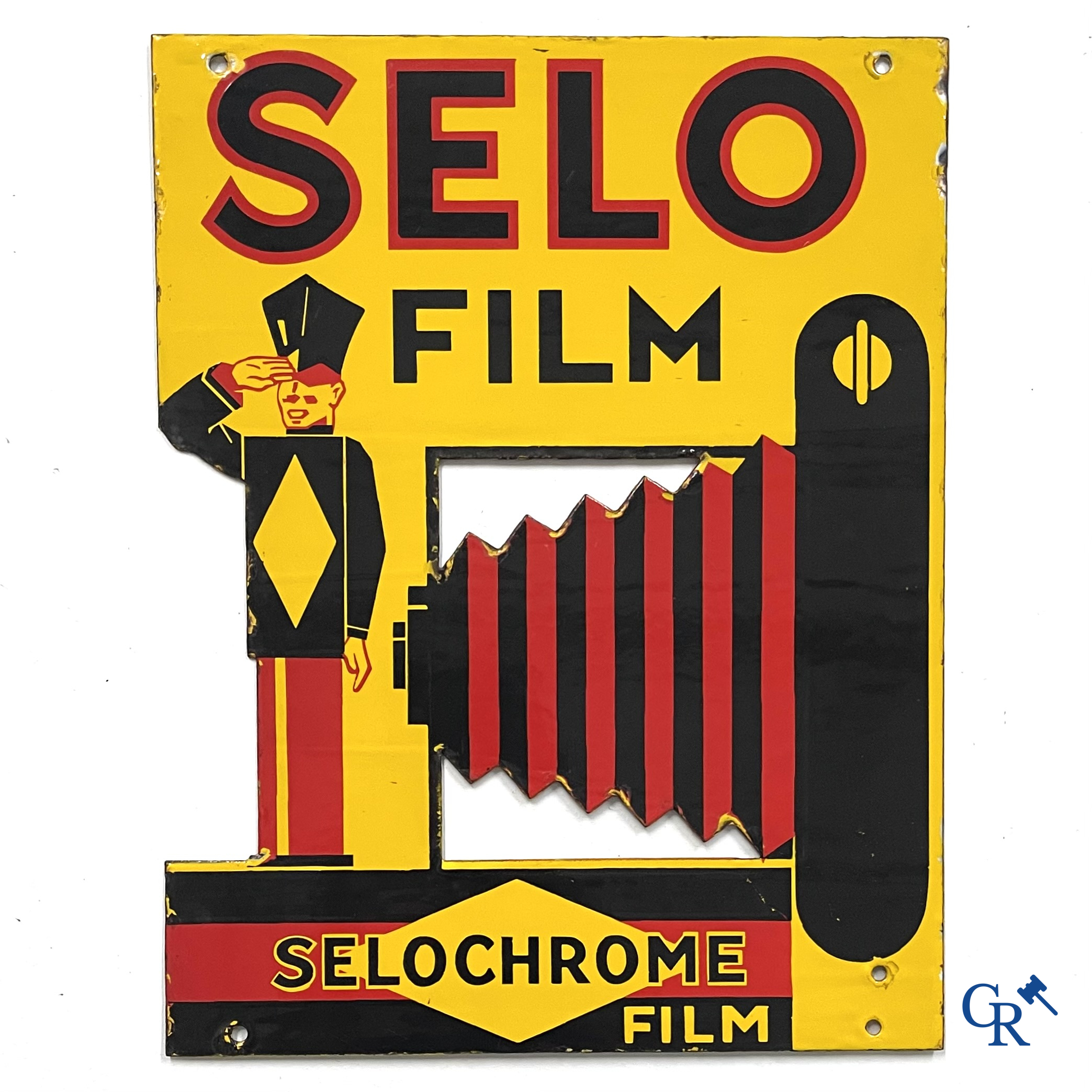 Selo Film, dubbelzijdig geëmailleerd publiciteitsbord voor filmrollen Selochrome. Fabrique en Angleterre. Jaren '30.