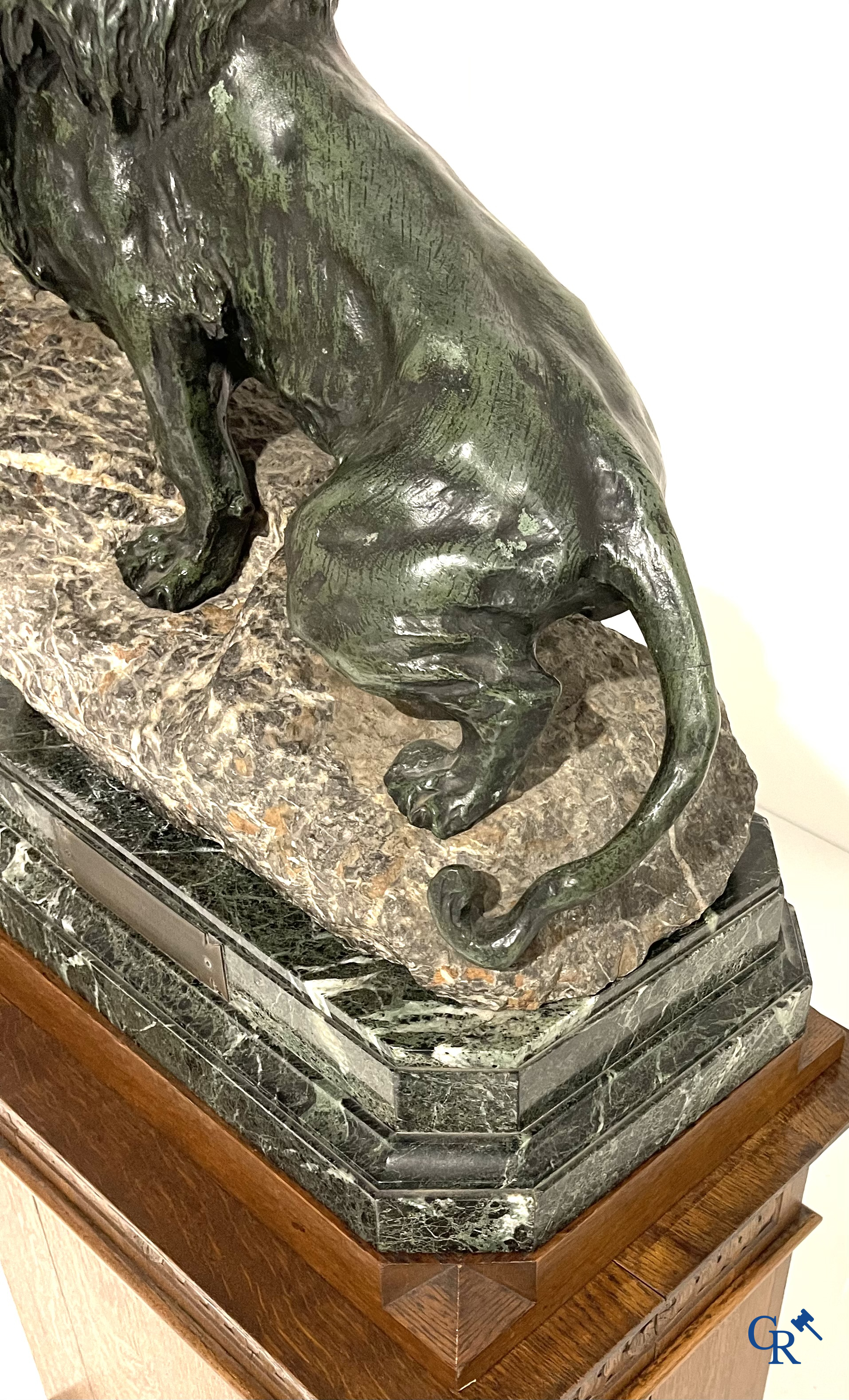 Thomas François Cartier (1879-1936) "Roaring lion" Important statue in bronze and stone on a wooden base.