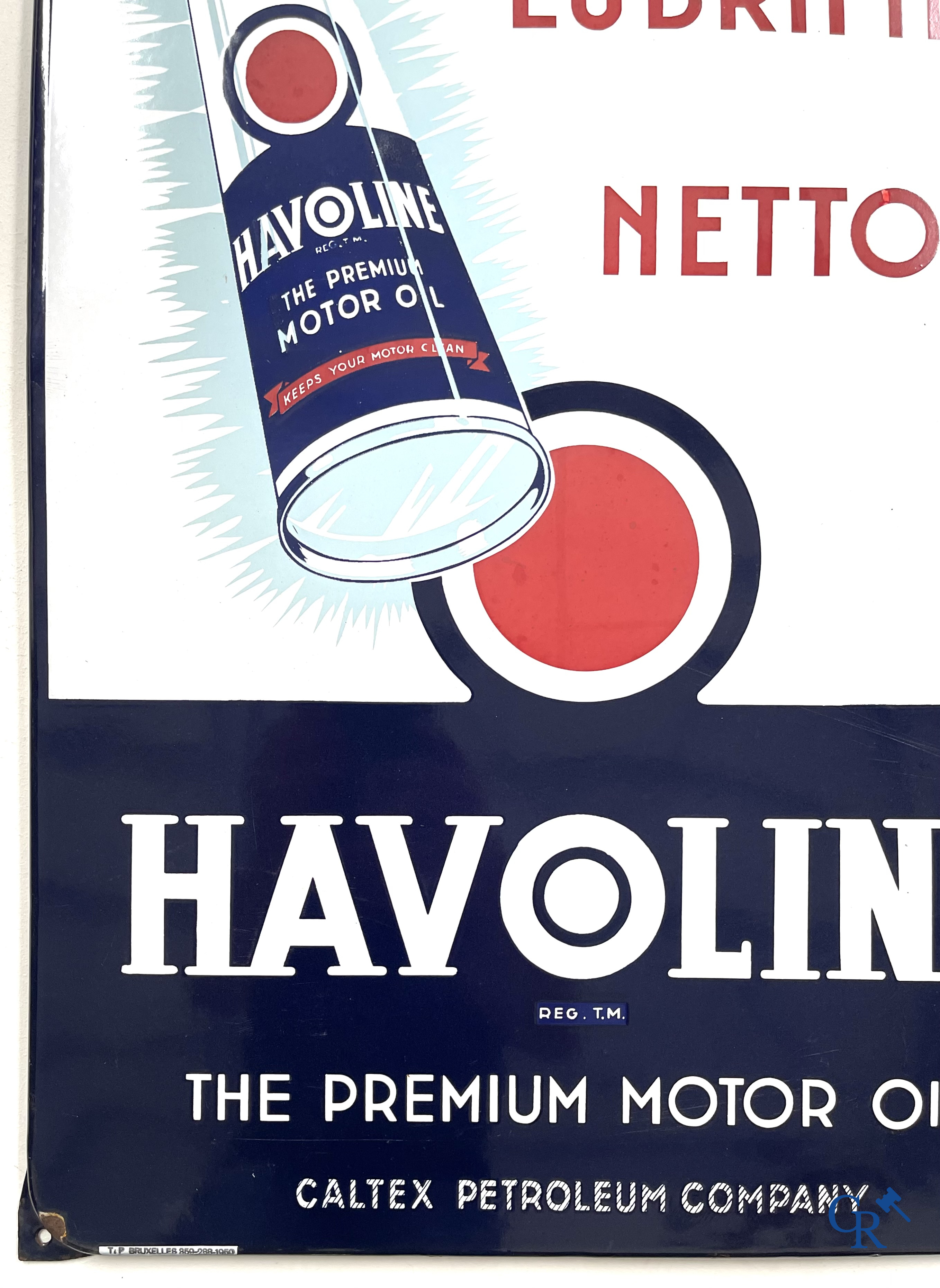 Havoline, enamel advertising sign for motor oil Havoline from the Caltex Petroleum Company. T.P. Bruxelles 1950.