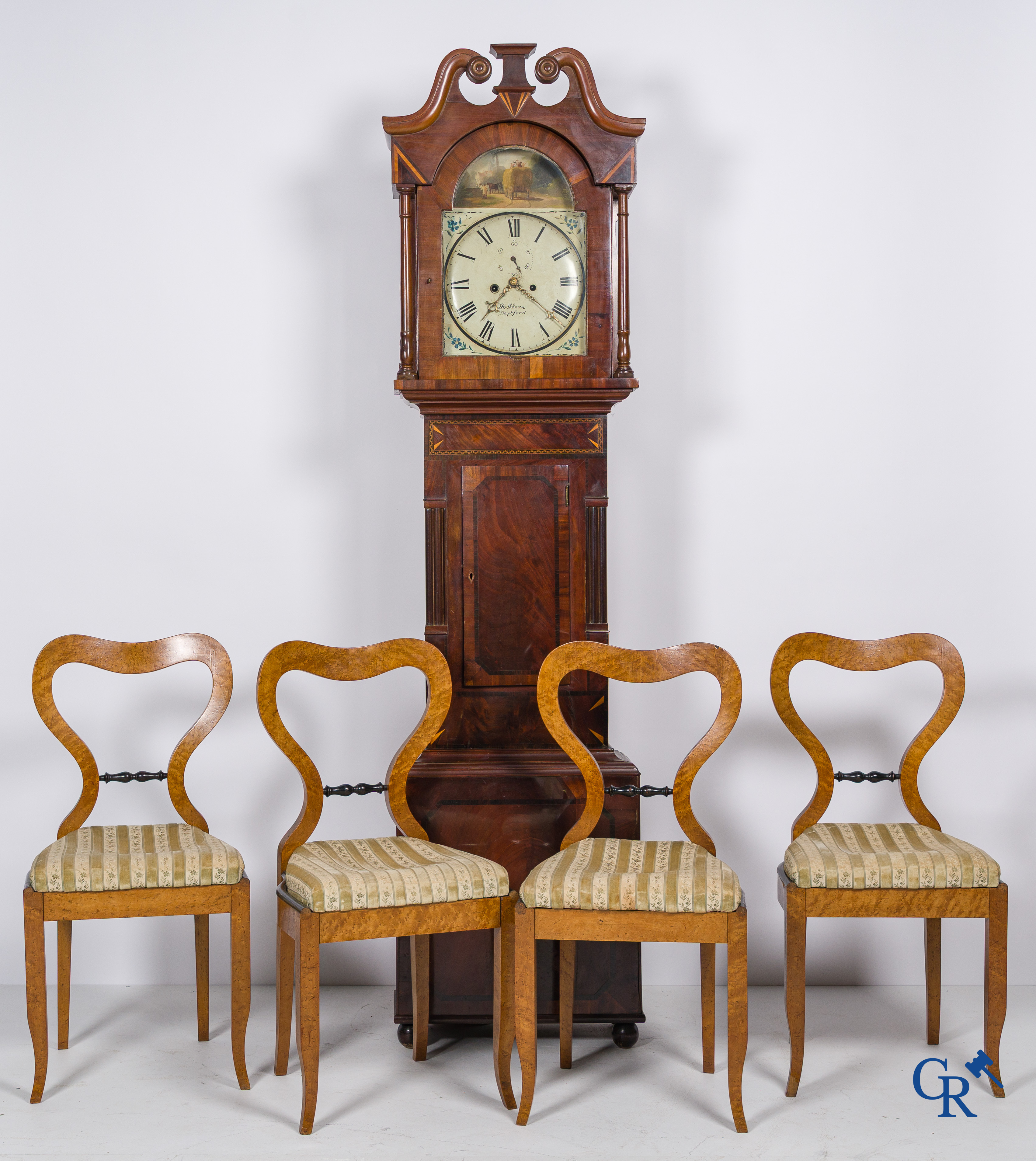 A lot of various furniture. An English clock, coffee table with marquetry, Napoleon III card table, 4 chairs.
