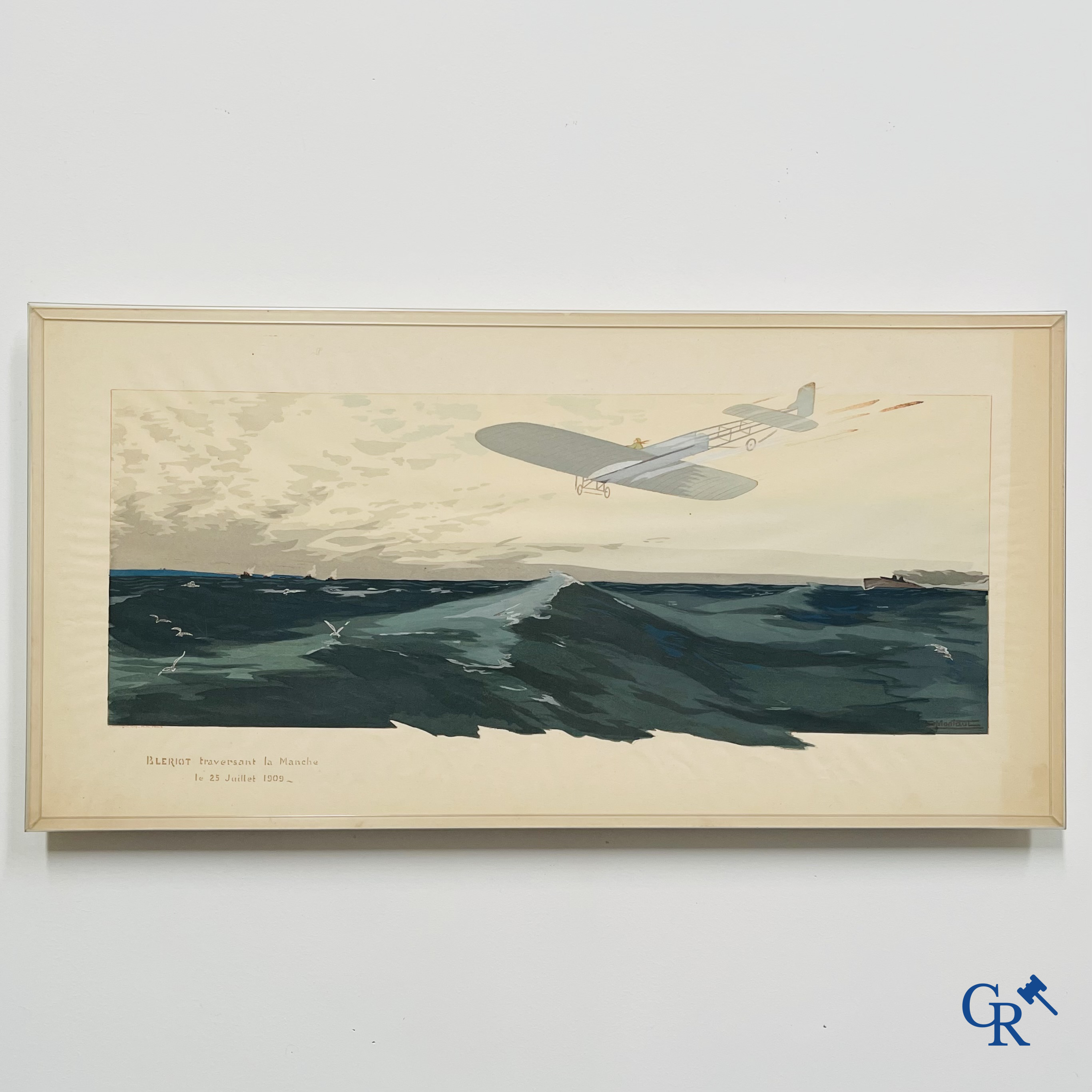 Ernest Montaut. Bleriot traversant la Manche. Colour lithography,  Montaut Mabileau, copyright 1909.