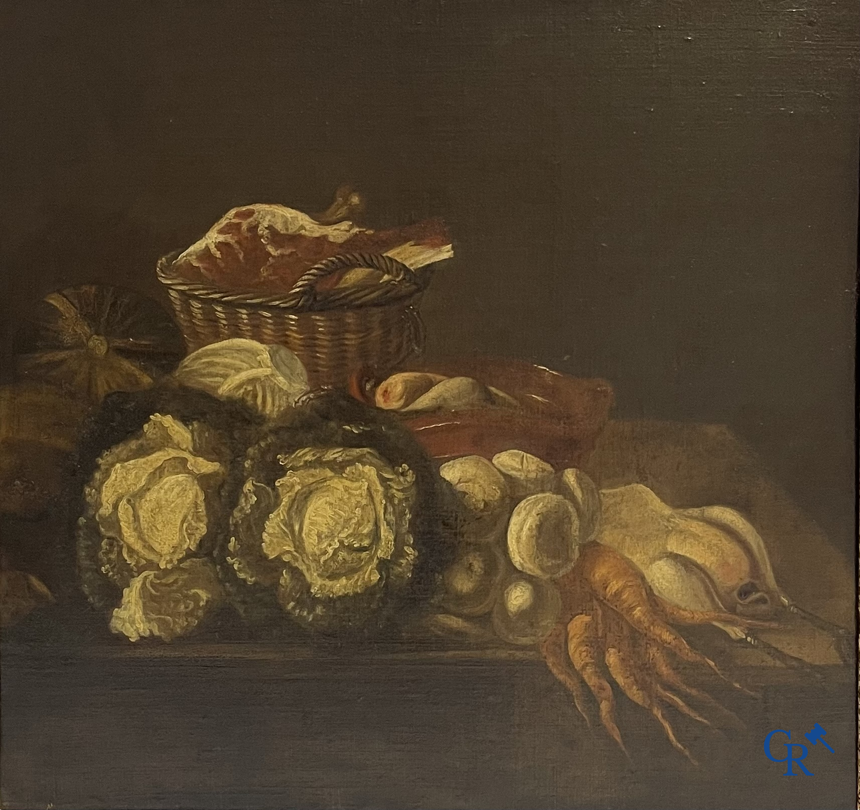 Schilderij, olie op doek. Stilleven met groenten, vlees en gevogelte. 18e eeuw.