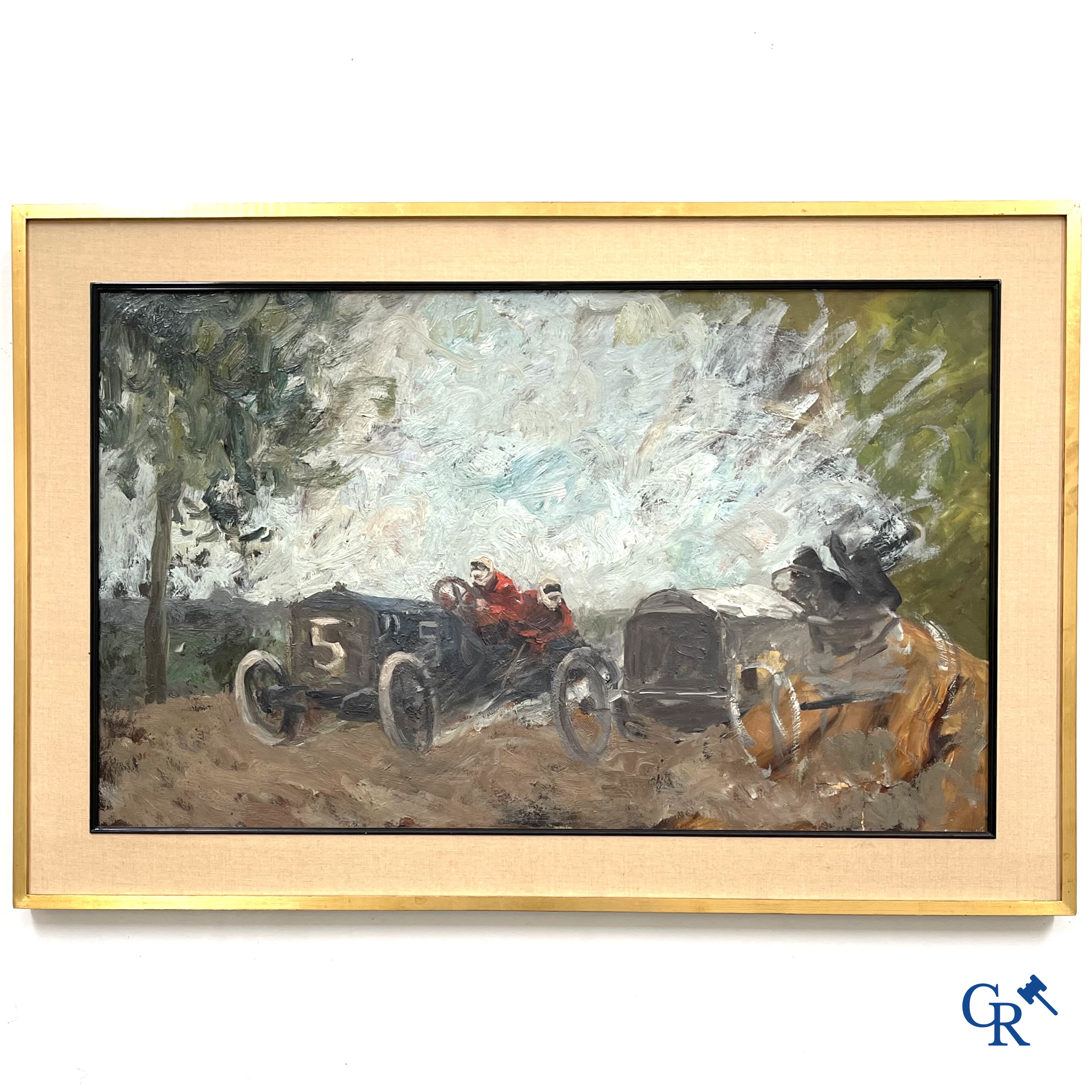 "The Duel" Oil on canvas. 2 sports cars racing side by side. Marked on the back Steph. Shoenfeld Düsseldorf. Circa 1925.