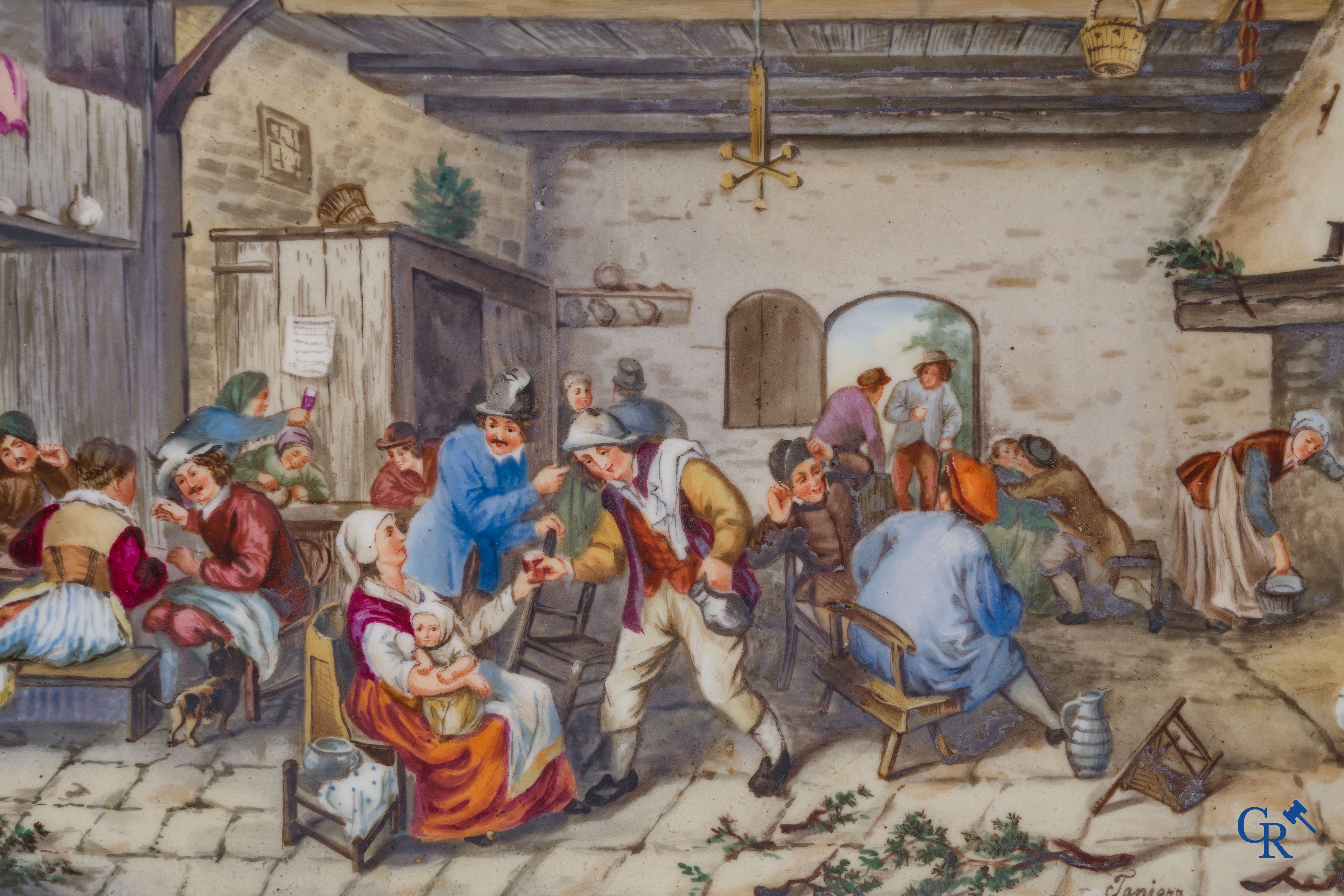 Teniers (after). A few paintings on porcelain with typical rural village scenes. Signed Teniers.