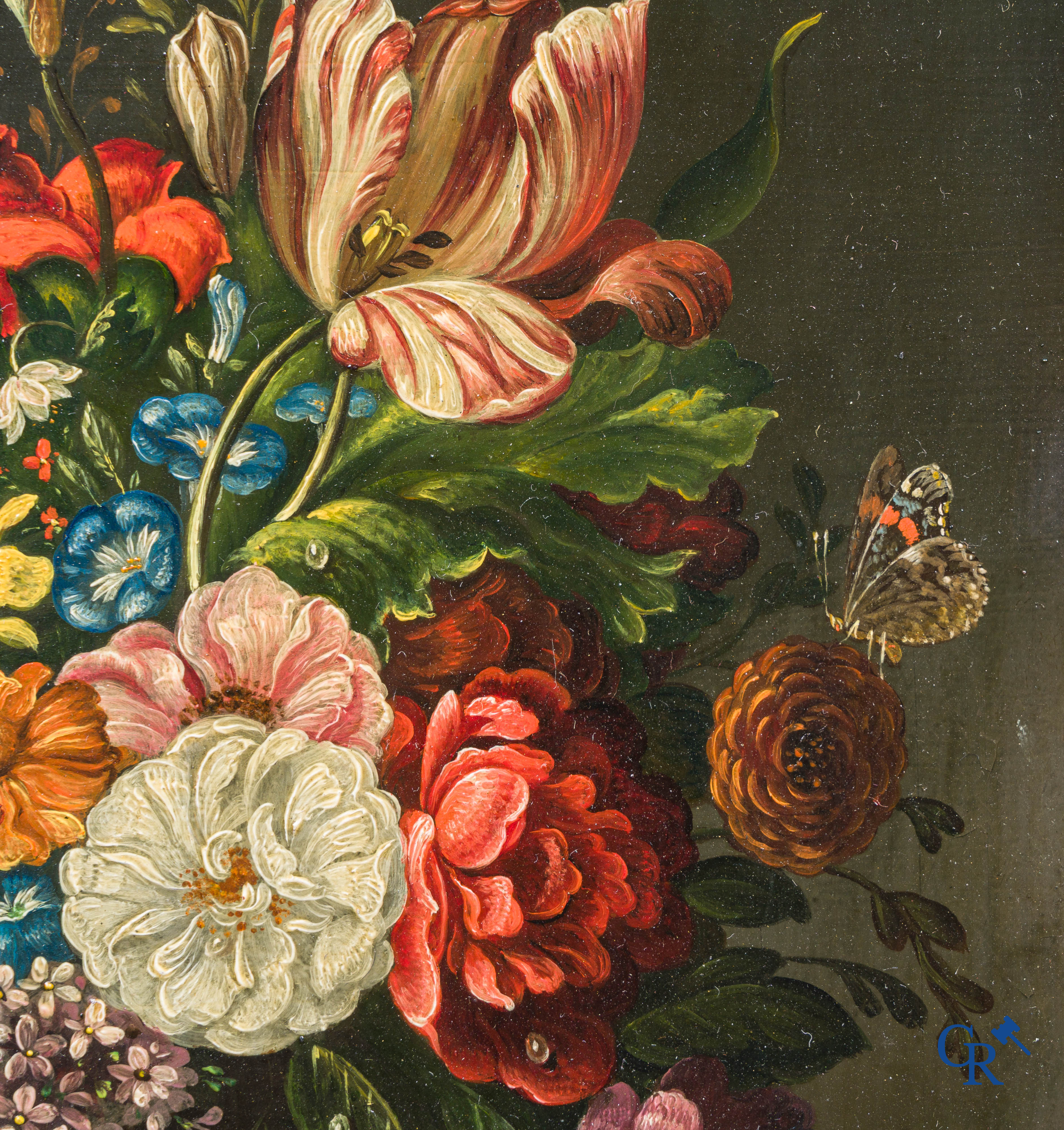 Painting. Still life with flowers and insects. Oil on copper. 18th-19th century.