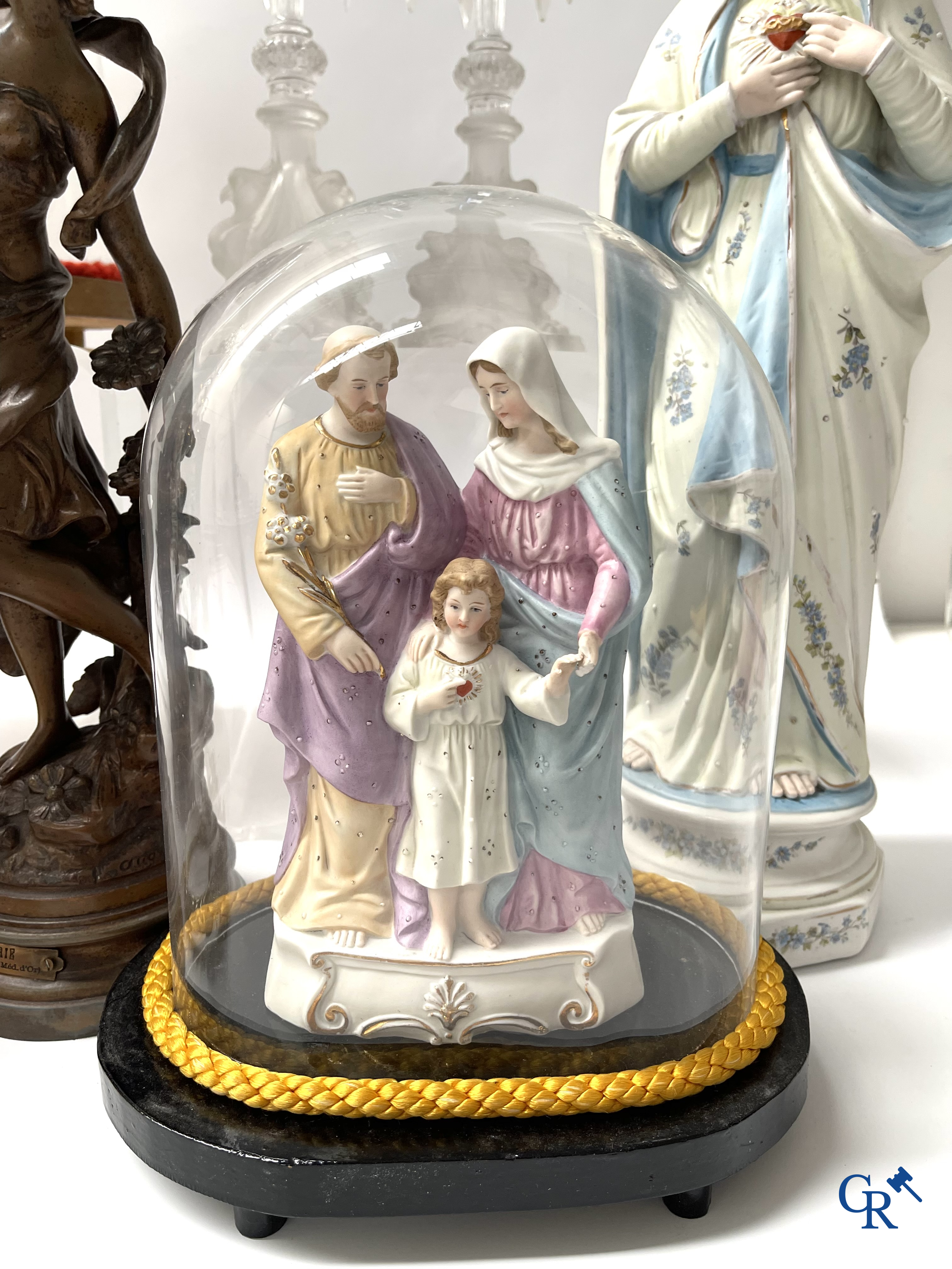 A large lot of brocante including Royal Dux, Biscuit statues, porcelain, globes, spelter statues, table lamp, chandelier etc.