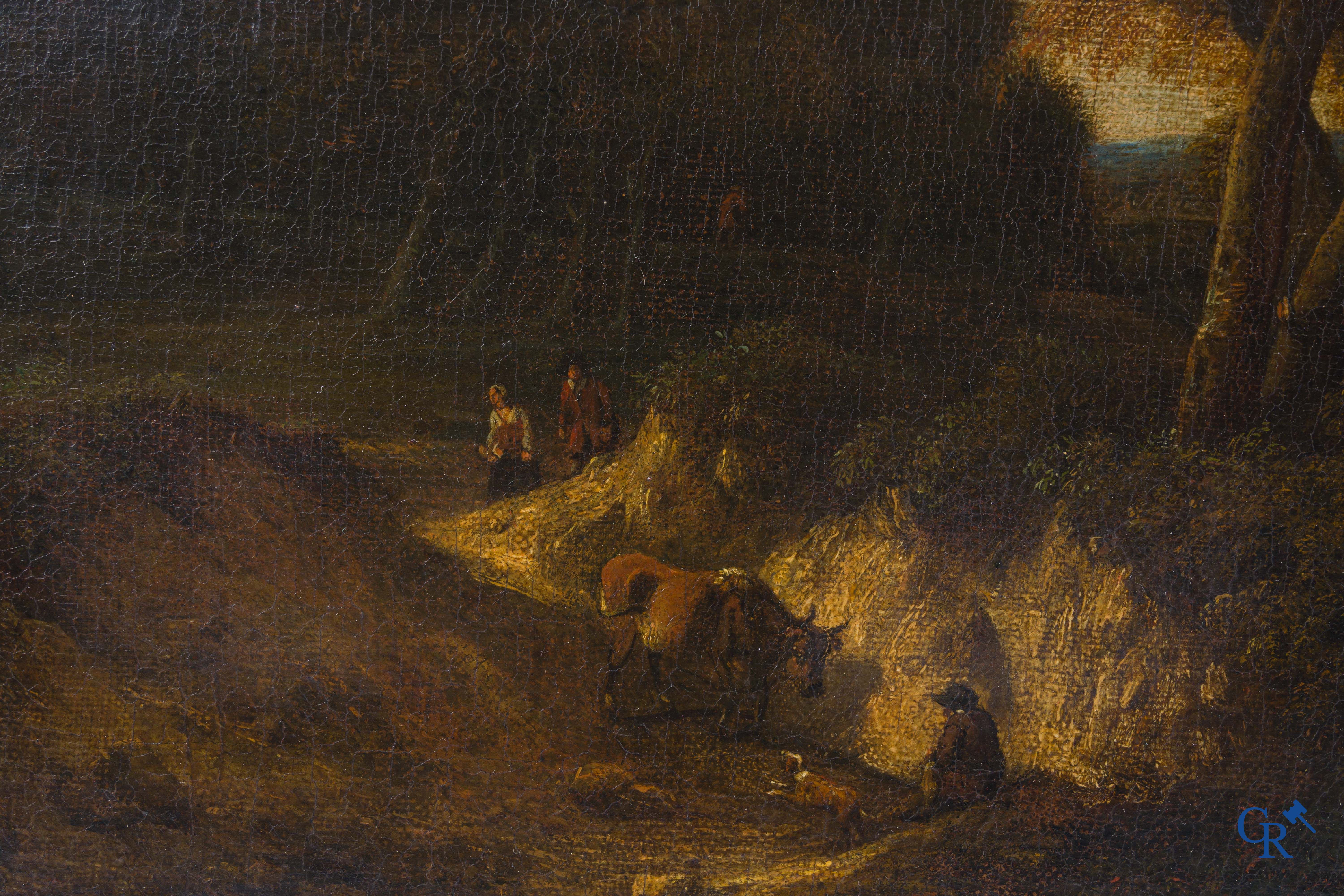 Cornelius Huysmans, Van Mechelen (1648-1727) Flemish school, Forest view with characters and animals. With old exhibition label.