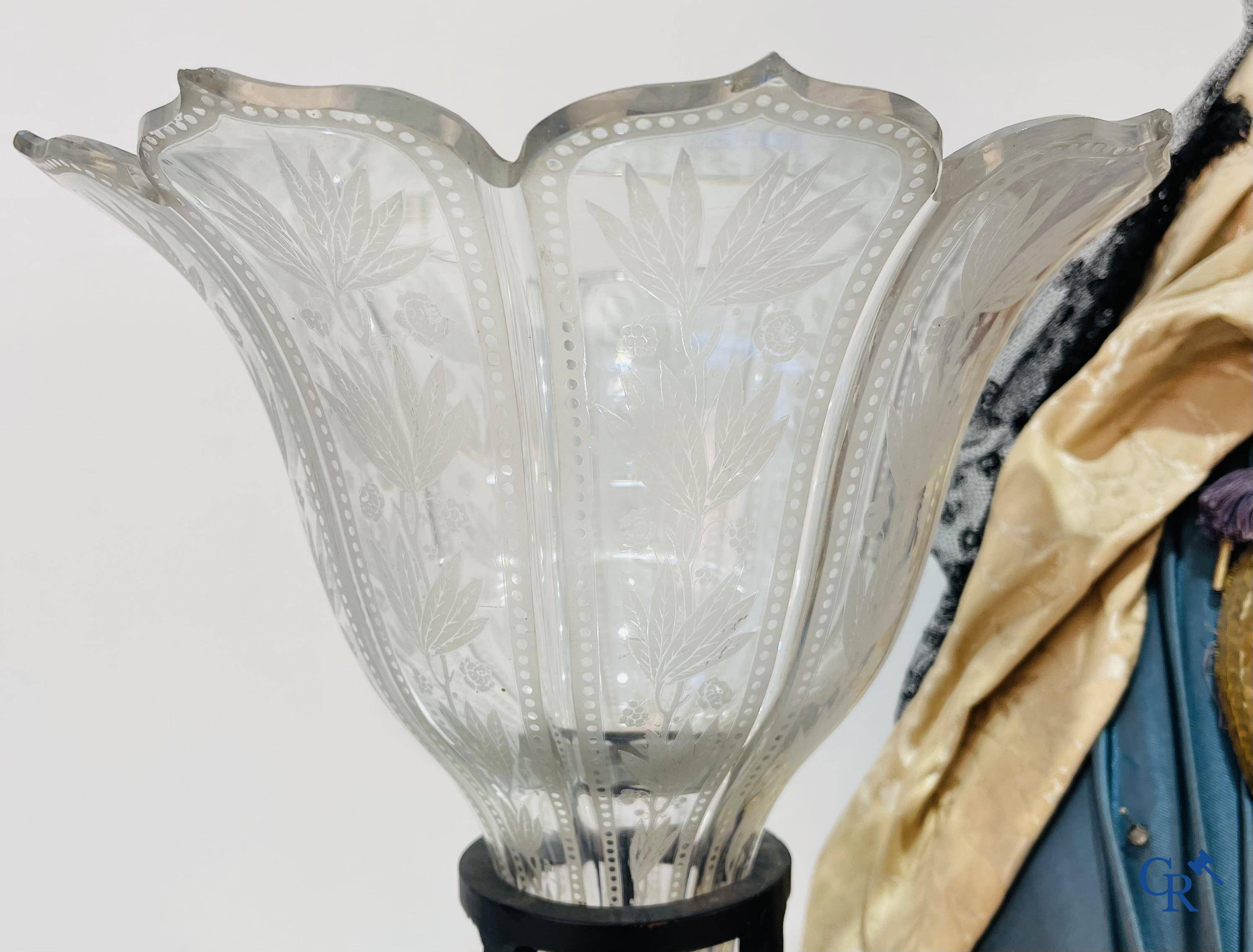 A lot with brocante: Bronze clock, bronze neo Gothic candlesticks and a statue of St. Catharina, soliflore etc.