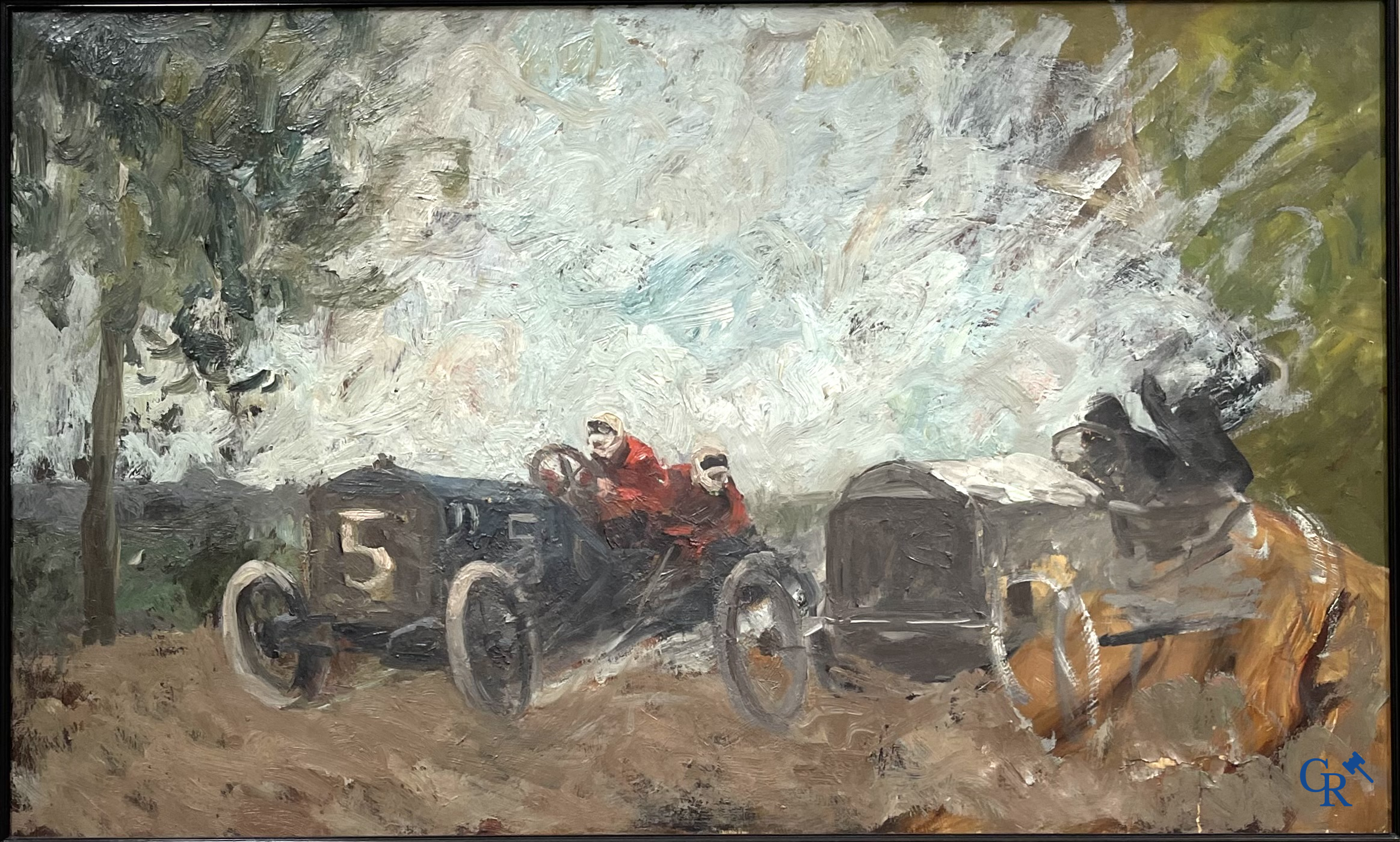 "The Duel" Oil on canvas. 2 sports cars racing side by side. Marked on the back Steph. Shoenfeld Düsseldorf. Circa 1925.