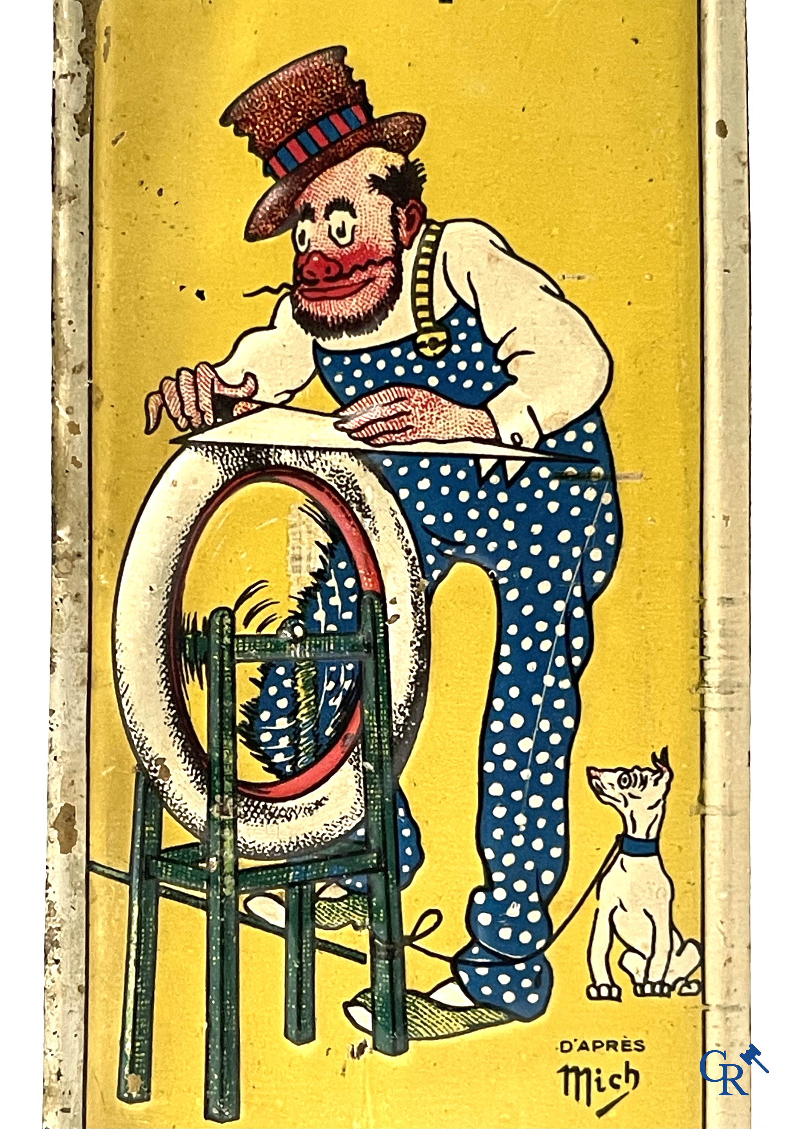 Pneu Hutchinson, Deurpost in beschilderd blik voor Hutchinson banden. Naar een ontwerp van Mich. Circa 1920.