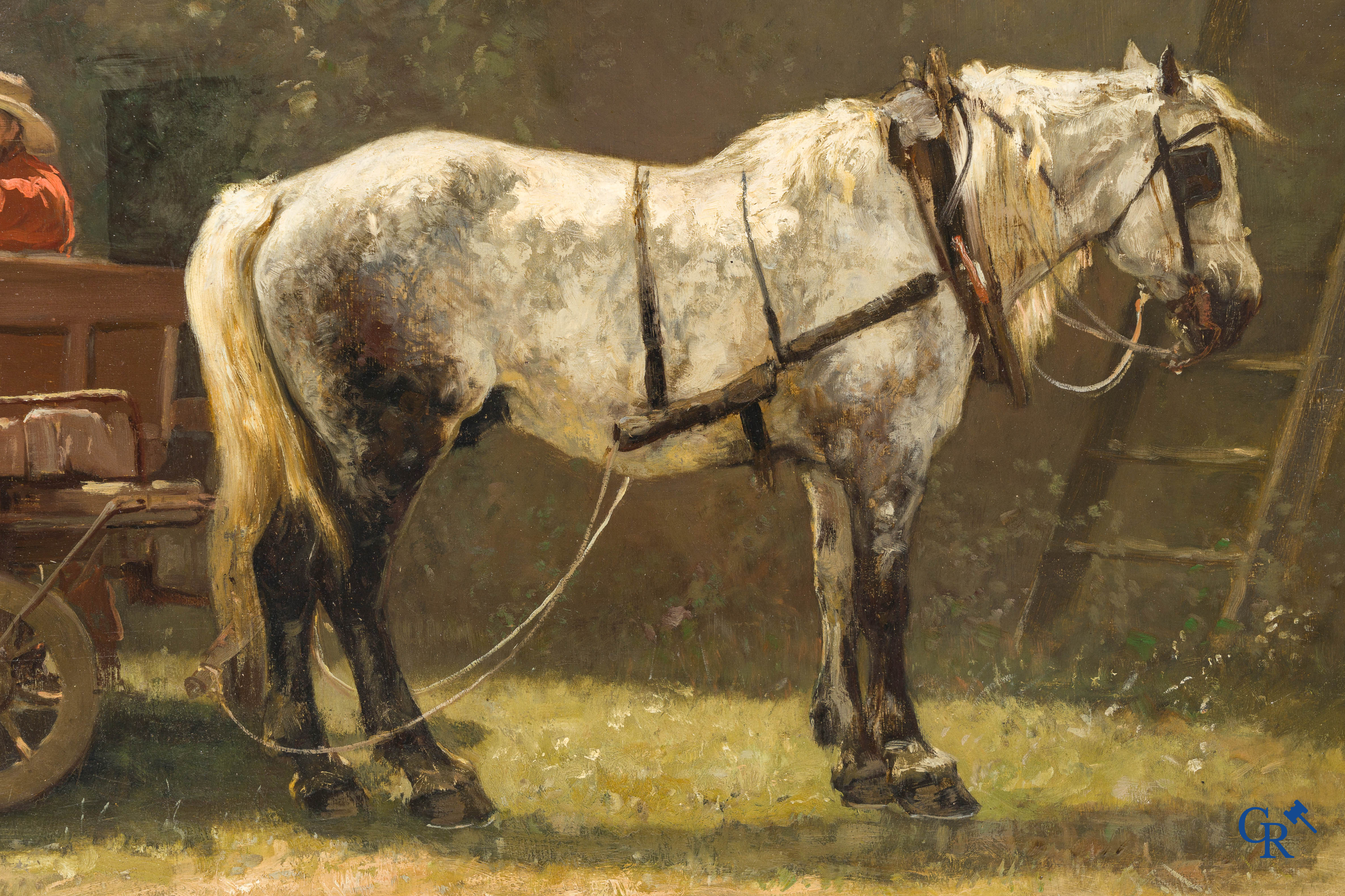 Edmond de Pratere (Kortrijk 1826 - Elsene 1888) "Op de Boerderij" Olie op mahoniehout. Gesigneerd.