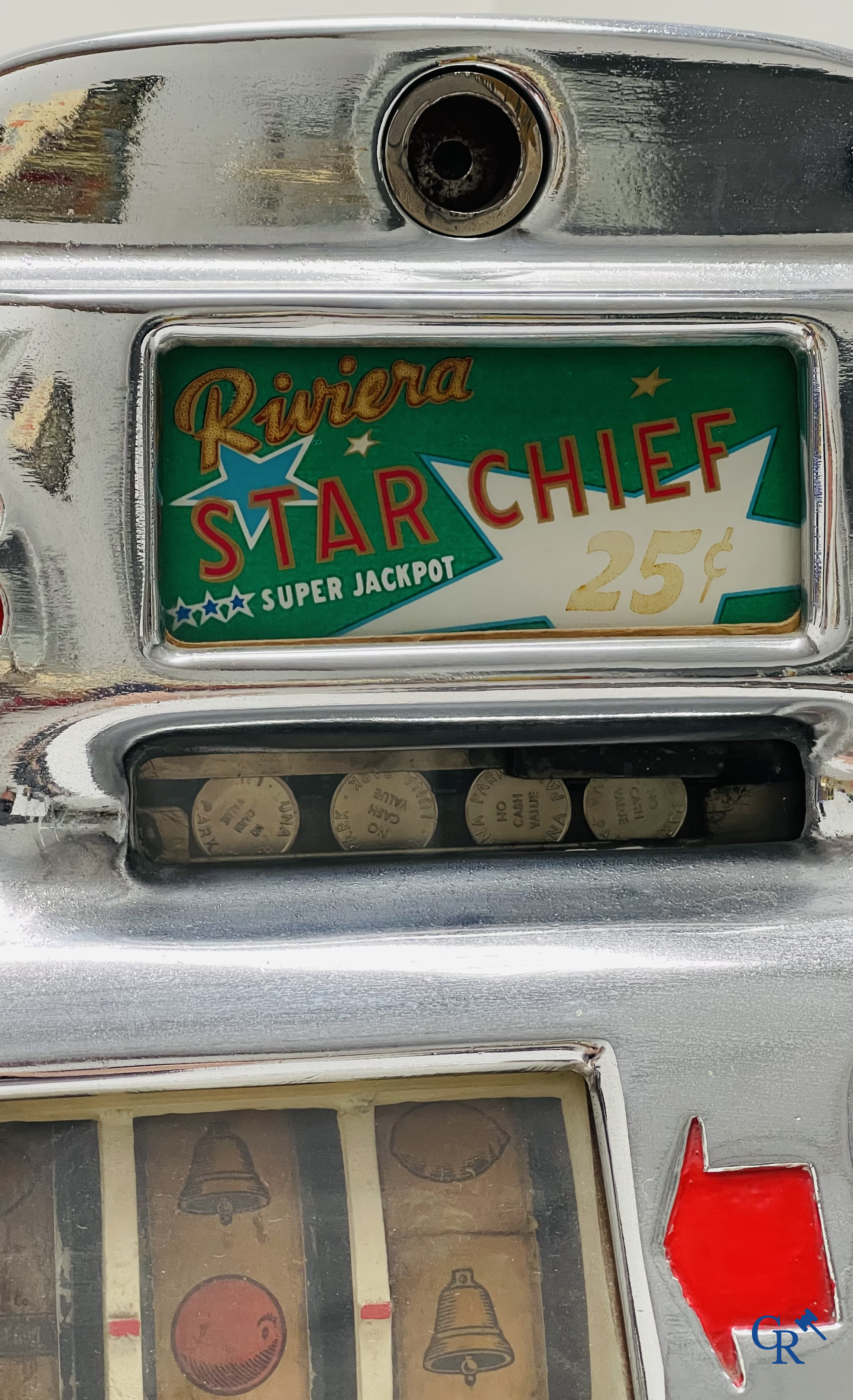 Jackpot, one-armed bandit, Jennings & Company Chicago. Riviera Star Chief Super Jackpot. Numbered.
