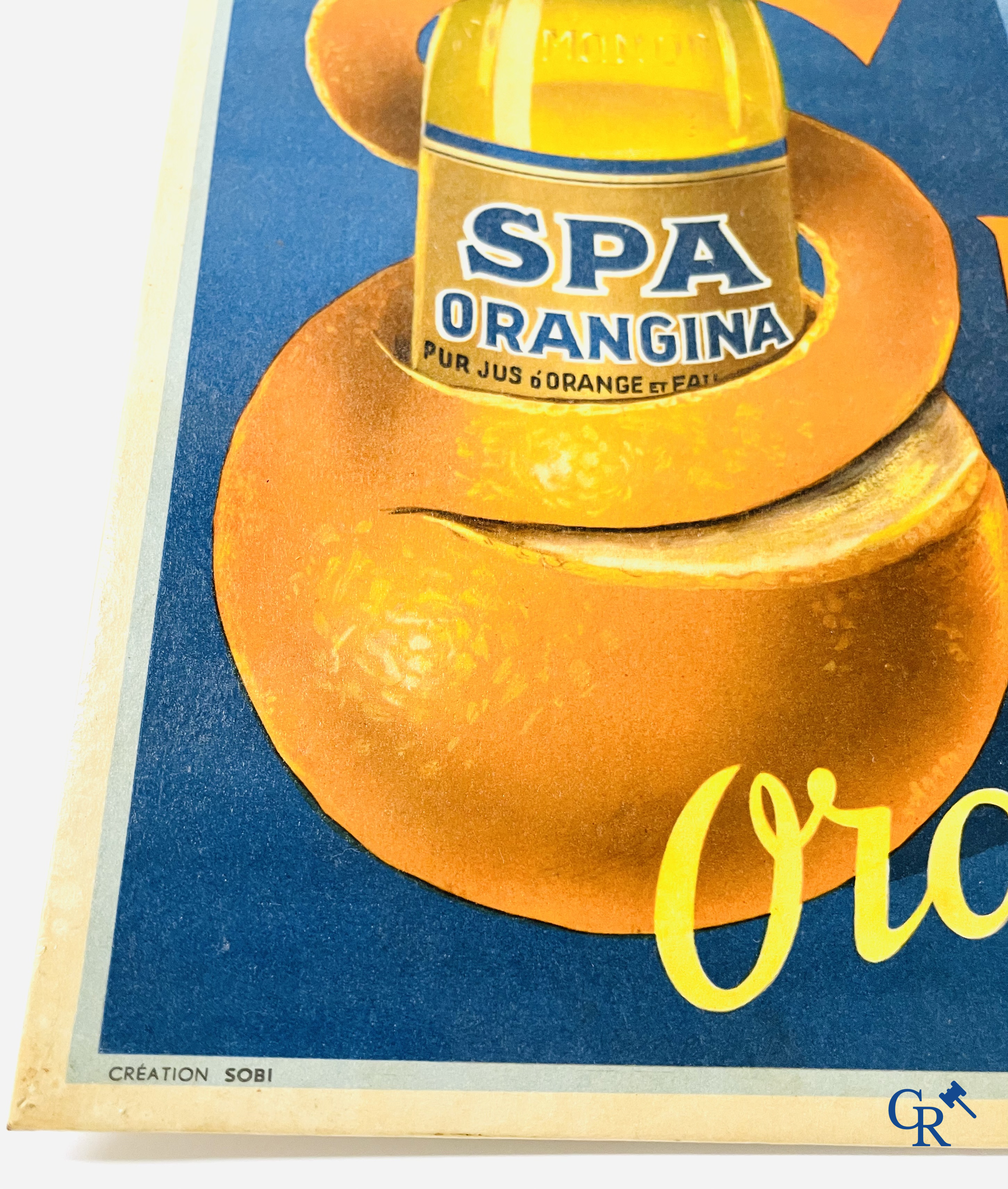 Spa, a publicity printed on metal for Spa Citron and a lithograph on cardboard for Spa Orangina. 1950's.