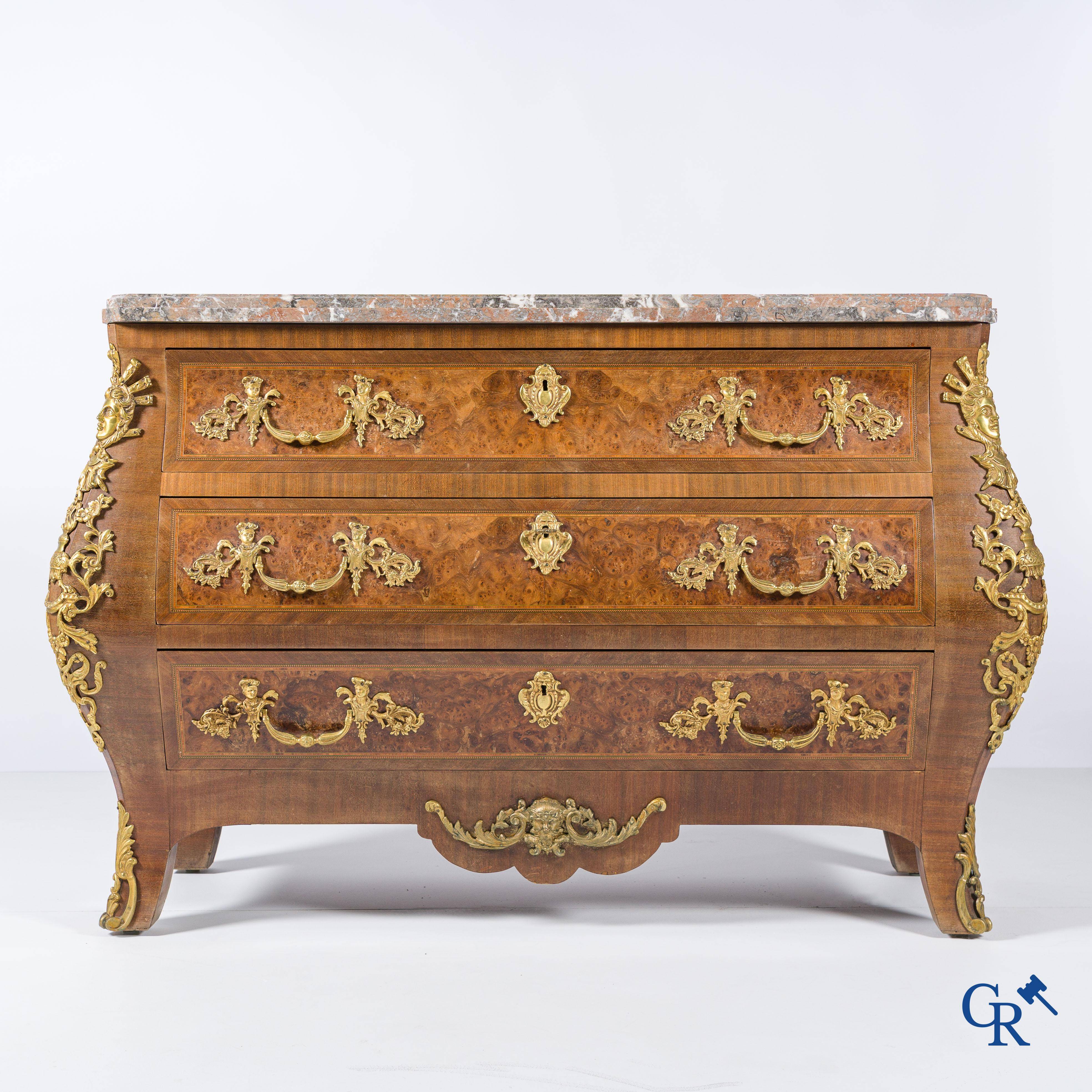 Chest of drawers with bronze fittings and a marble top, LXV style.