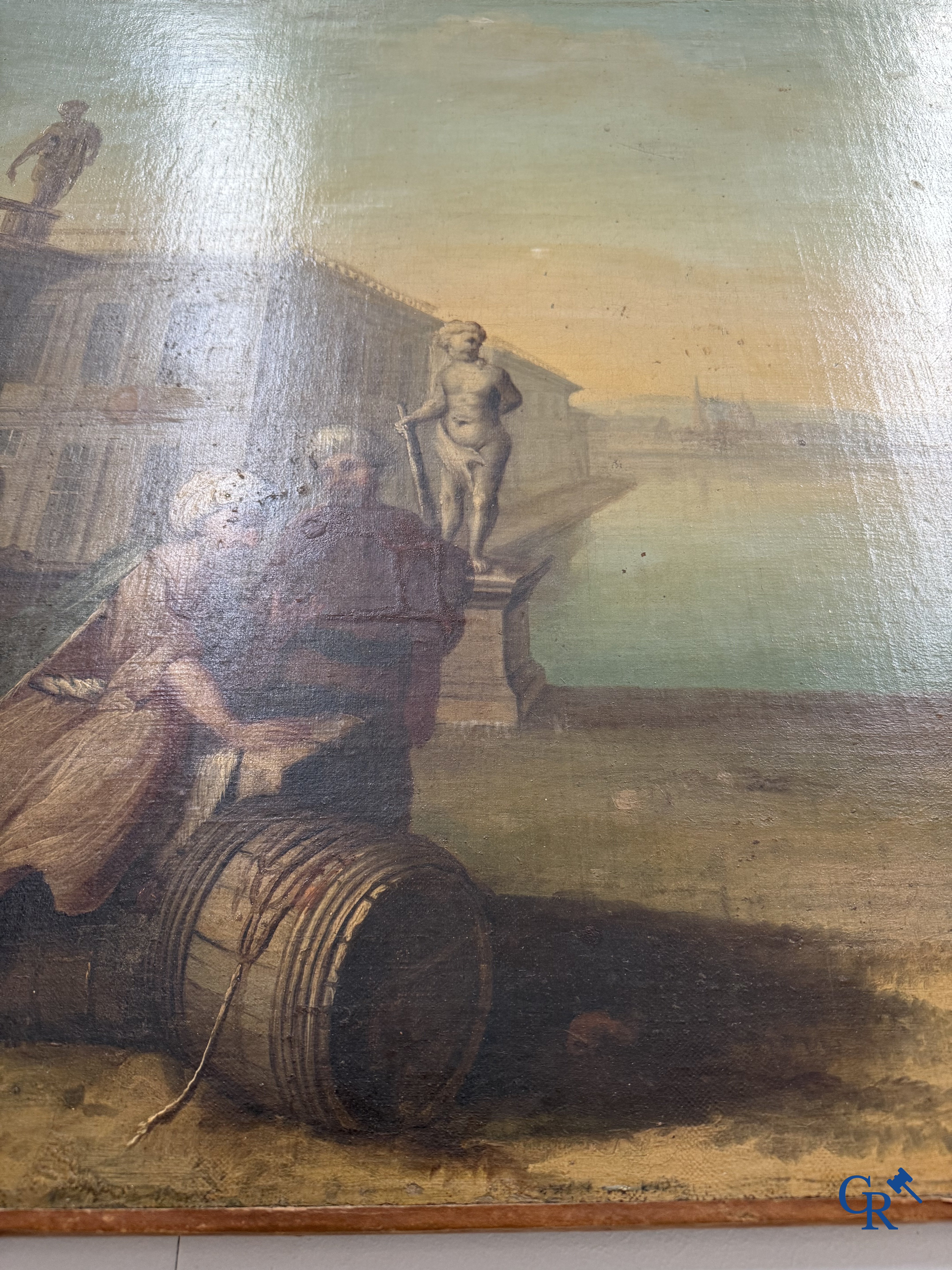 Painting. Harbour view with a Dutch flagship. Oil on canvas, 18th century.