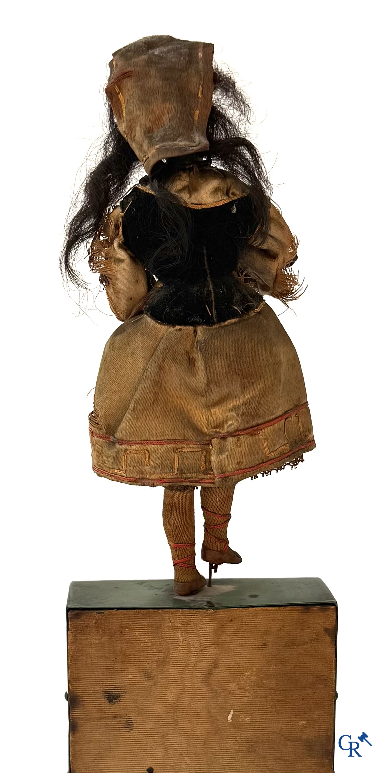 Old toys, automaton with music, doll with head in biscuit on painted music box, French work circa 1910.