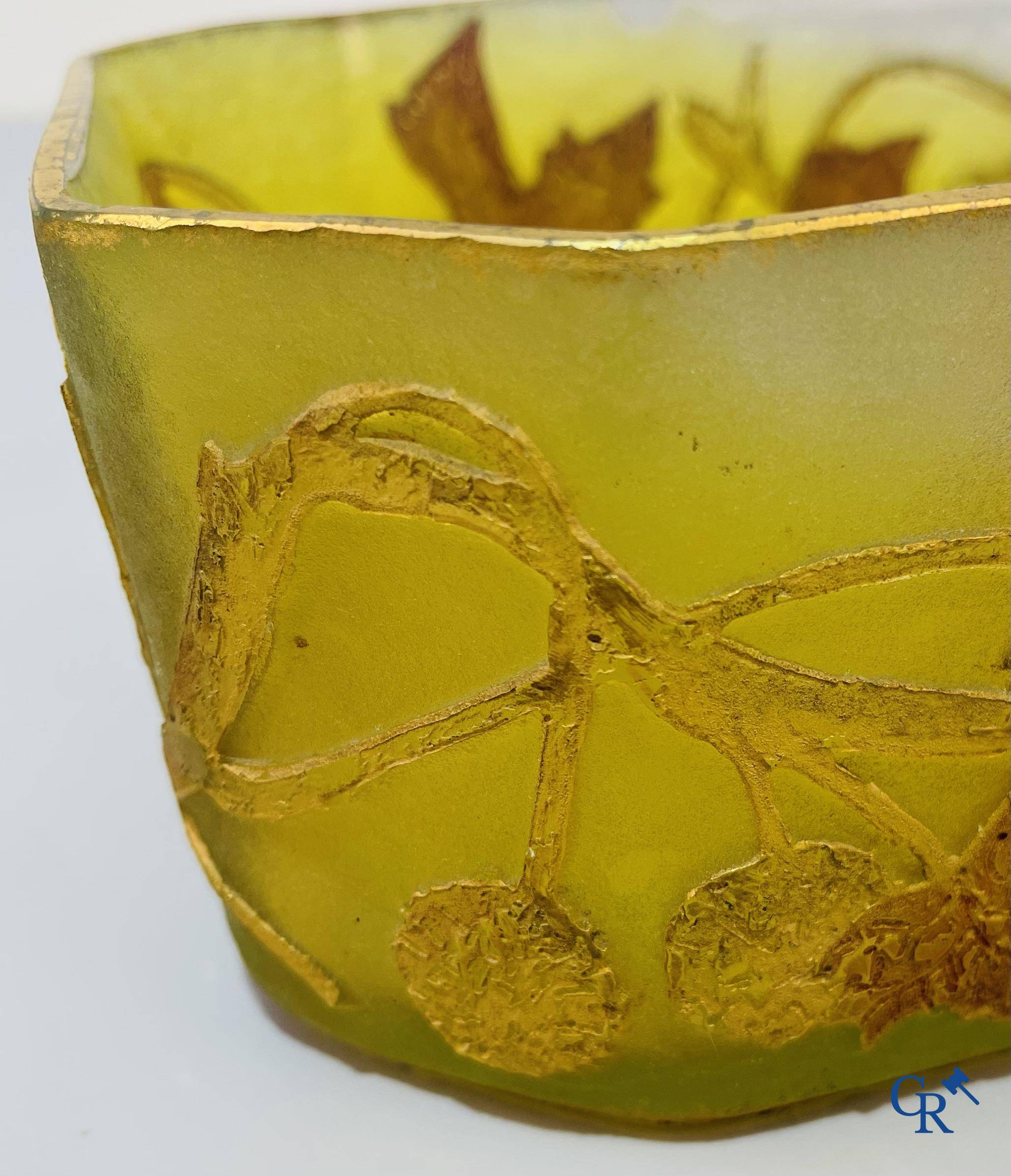 Daum Nancy. Large jardiniere in cameo glass with a decor of chestnut branches on a yellow relief background.