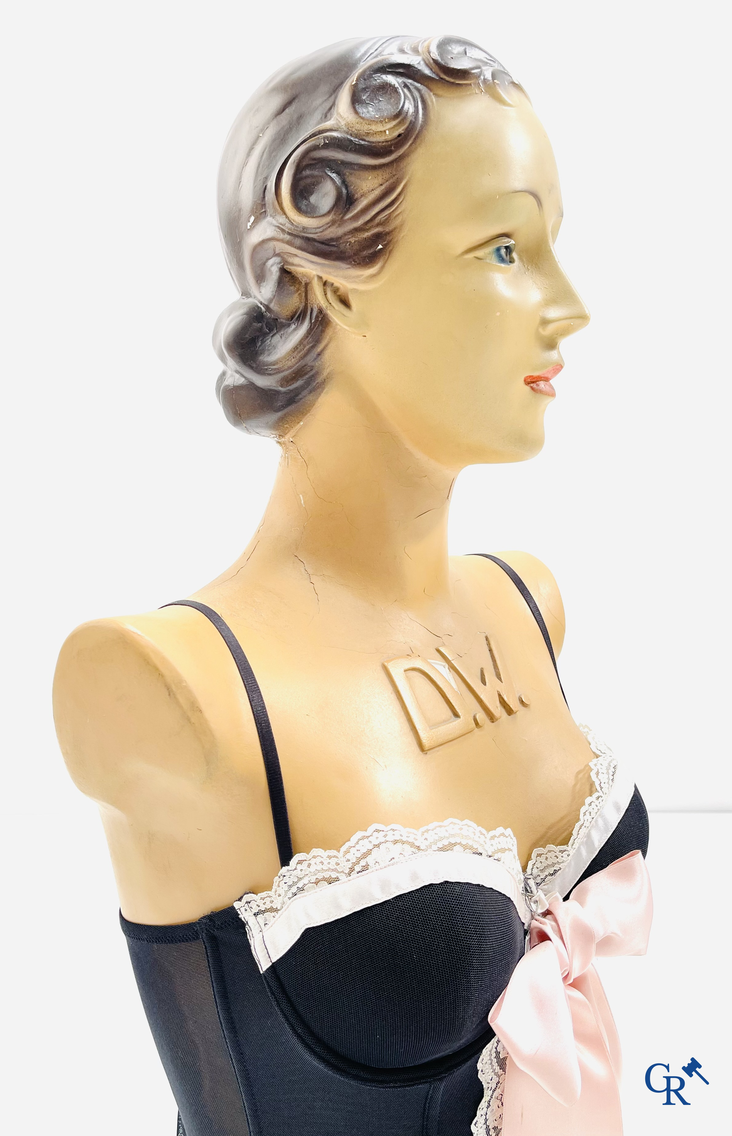 Art Deco, A large publicity bust in plaster for corset factory De Waele in Schellebelle. 1930's.