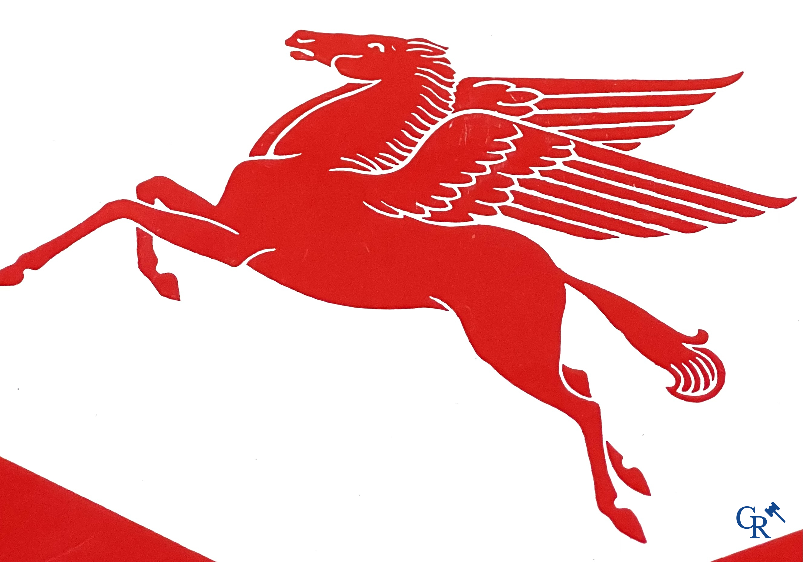 Mobiloil, Enamel advertising sign with grey border and the Mobiloil Pegasus. Emaillerie Belge, T.P. Bruxelles 1953.