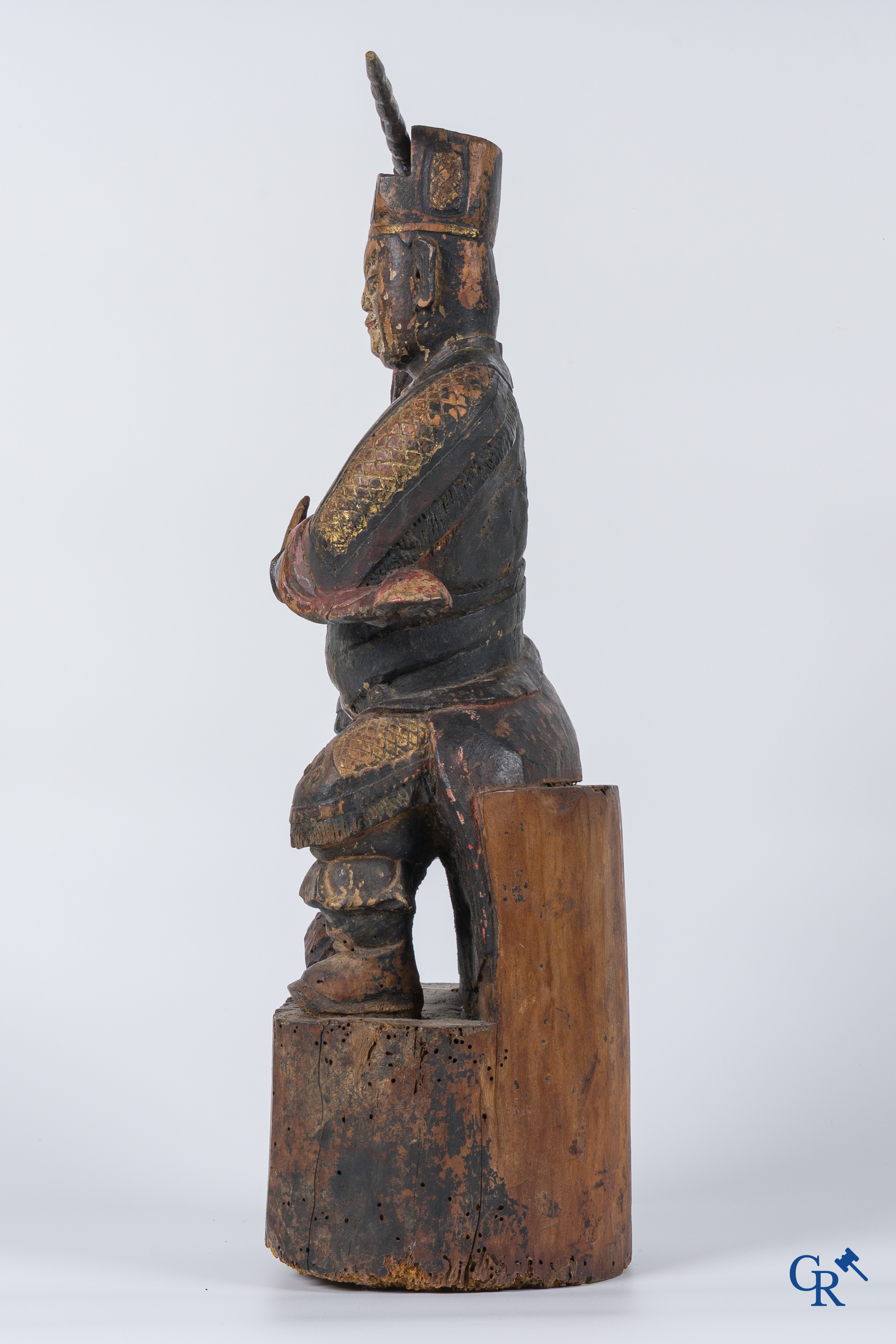 Asian Art, A Chinese antique wood sculpted and polychrome representation of a warrior.