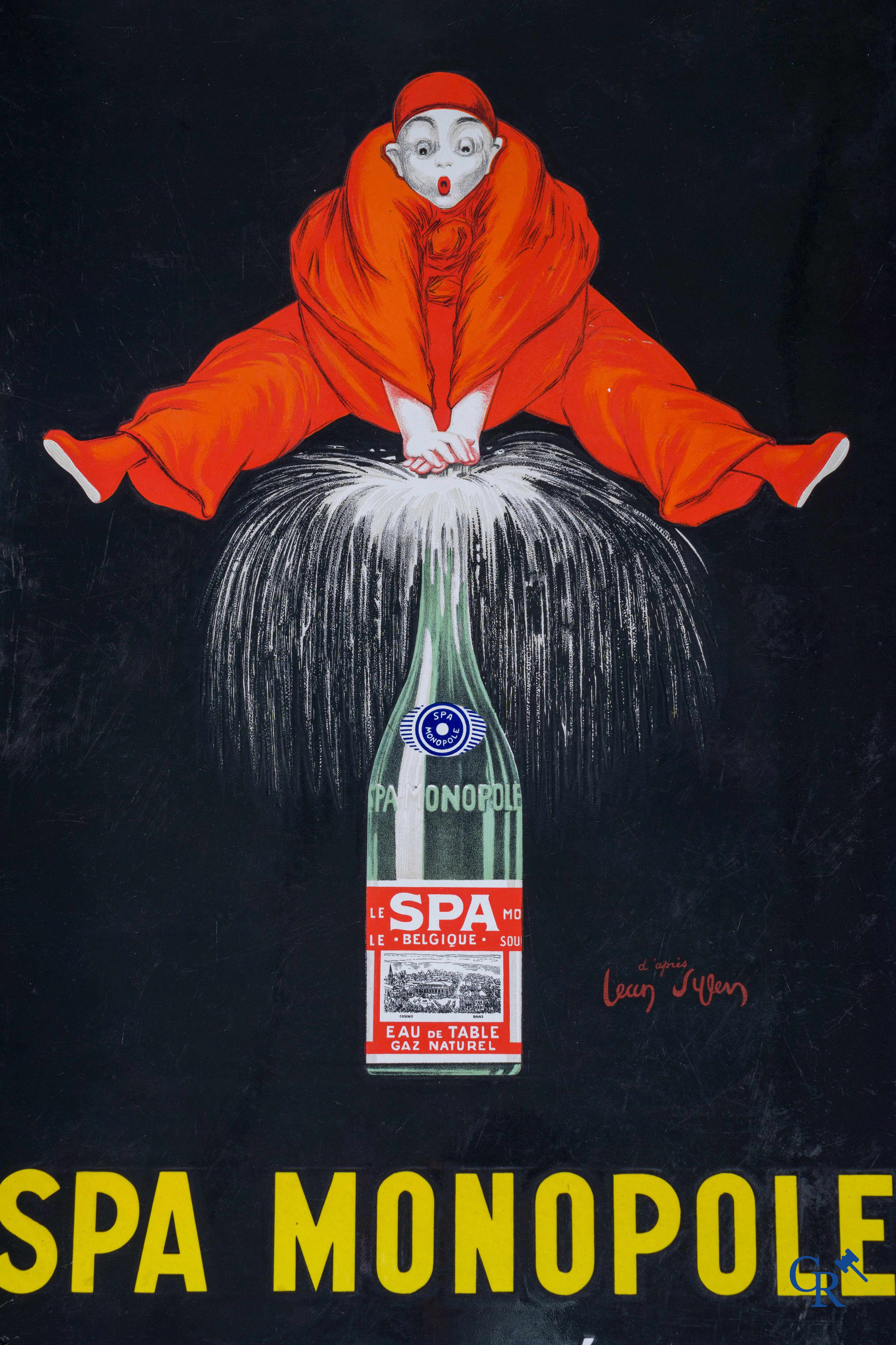 Spa Monopole "l'eau qui pétille" Plaque émaillée publicitaire représentant "Pierrot" d'après un dessin de Jean d'Ylen.