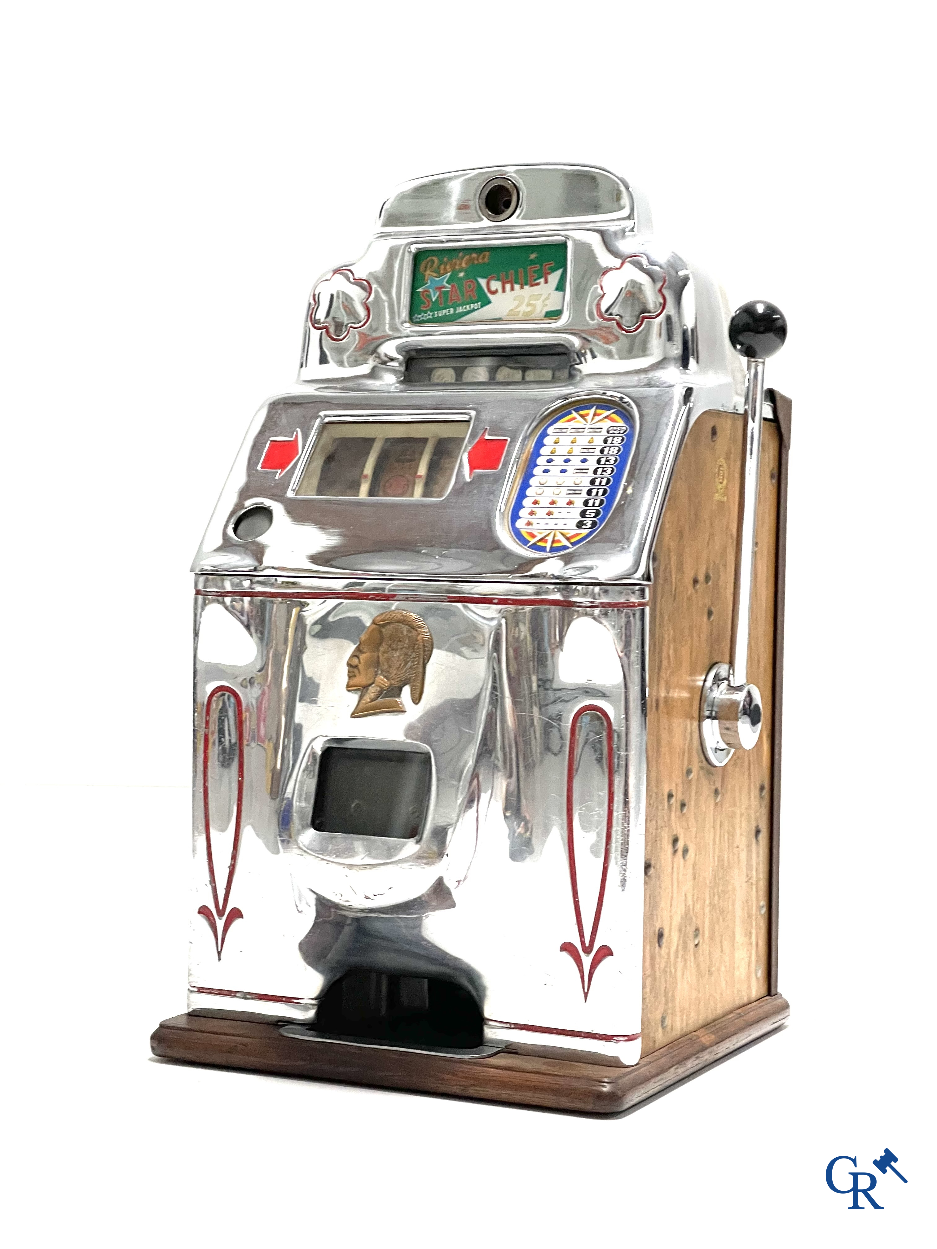 Jackpot, one-armed bandit, Jennings & Company Chicago. Riviera Star Chief Super Jackpot. Numbered.