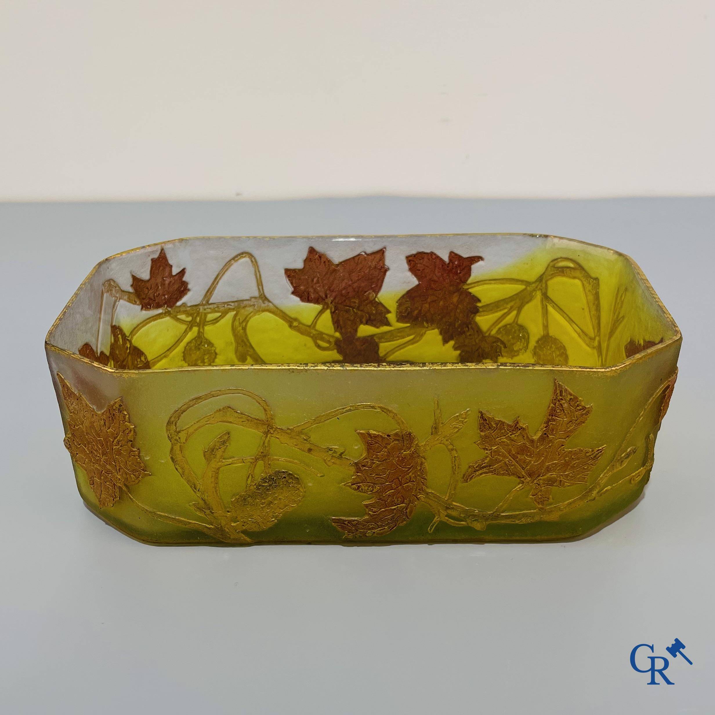 Daum Nancy. Large jardiniere in cameo glass with a decor of chestnut branches on a yellow relief background.
