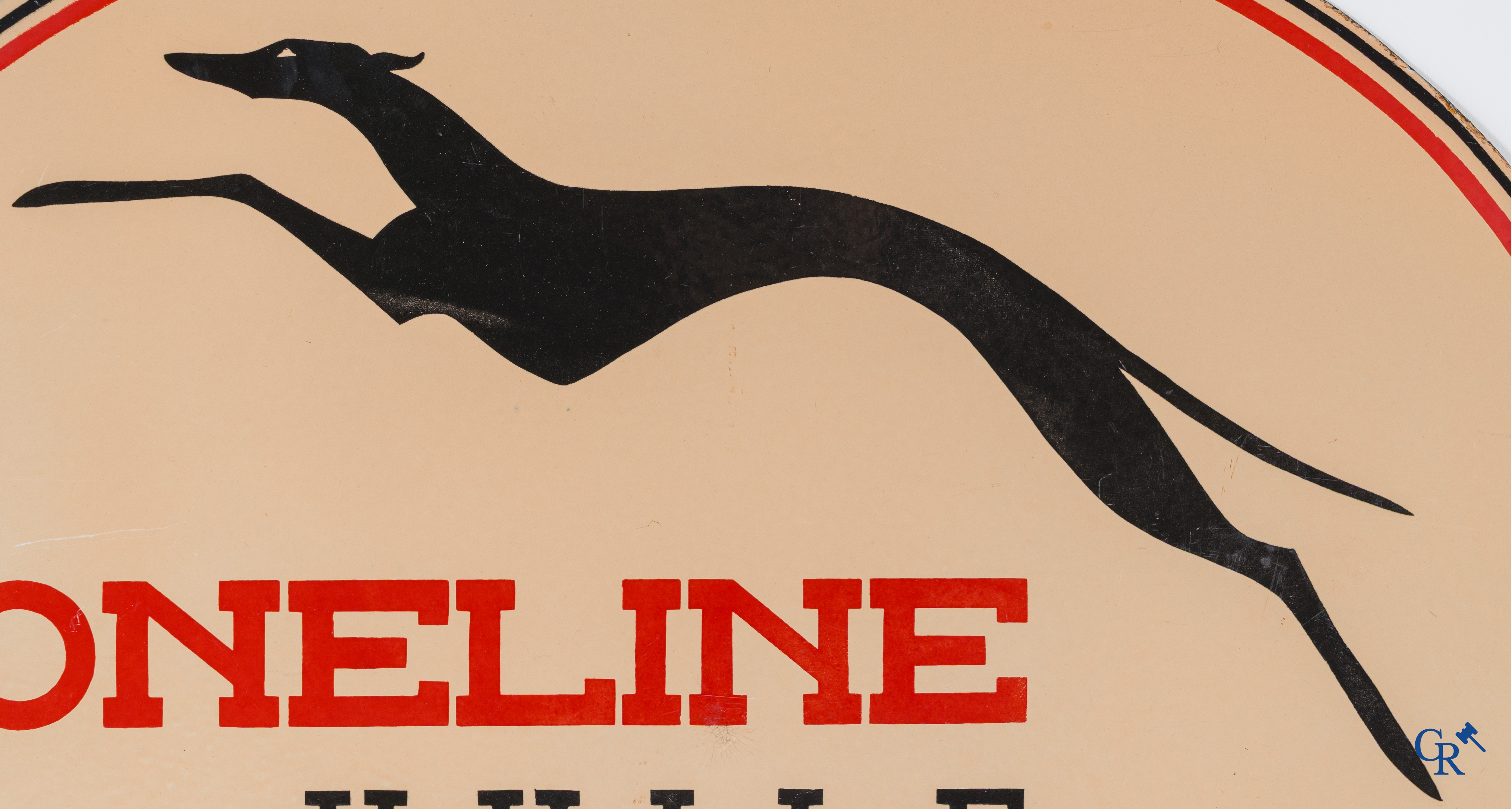 Toneline, Double-sided enamelled advertising sign with a greyhound. Huile compound pour autos. Circa 1930.