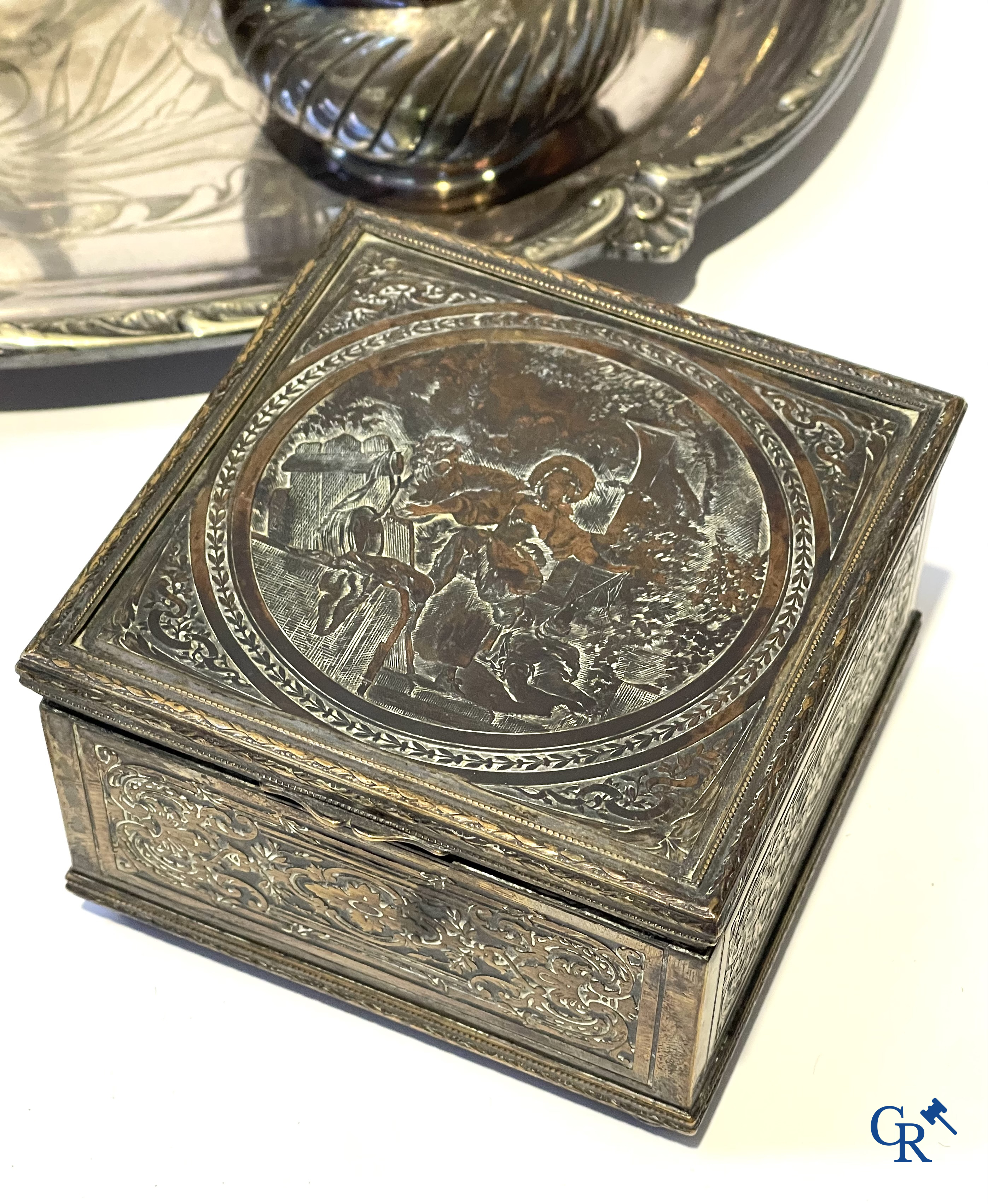 A lot with silver and silver-plated objects, Christofle, Wiskemann, a jardiniere with crystal coupe, etc.