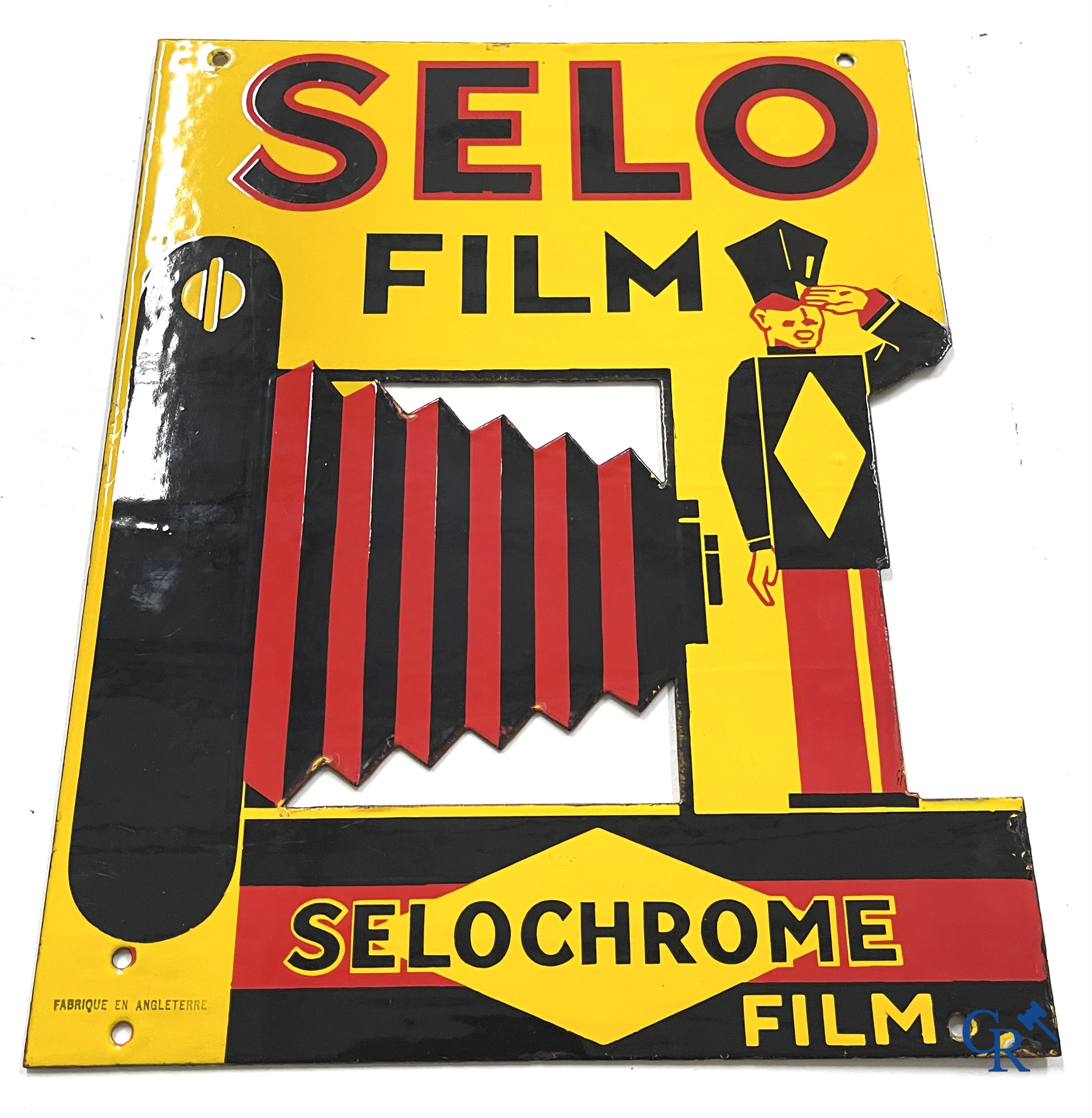 Selo Film, dubbelzijdig geëmailleerd publiciteitsbord voor filmrollen Selochrome. Fabrique en Angleterre. Jaren '30.