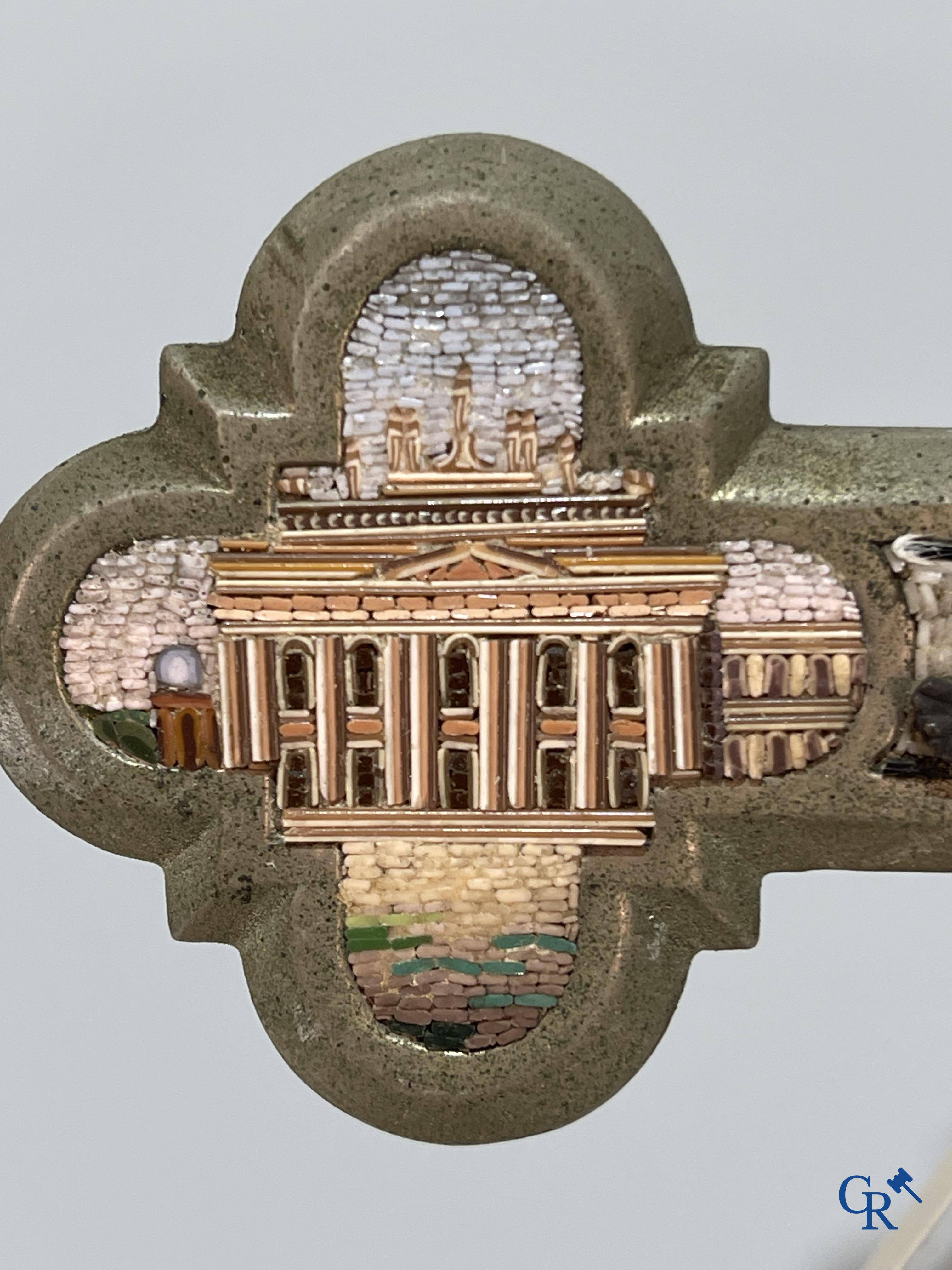 Religious objects, a bronze cross with finely inlaid micro mosaic. Late 19th century.