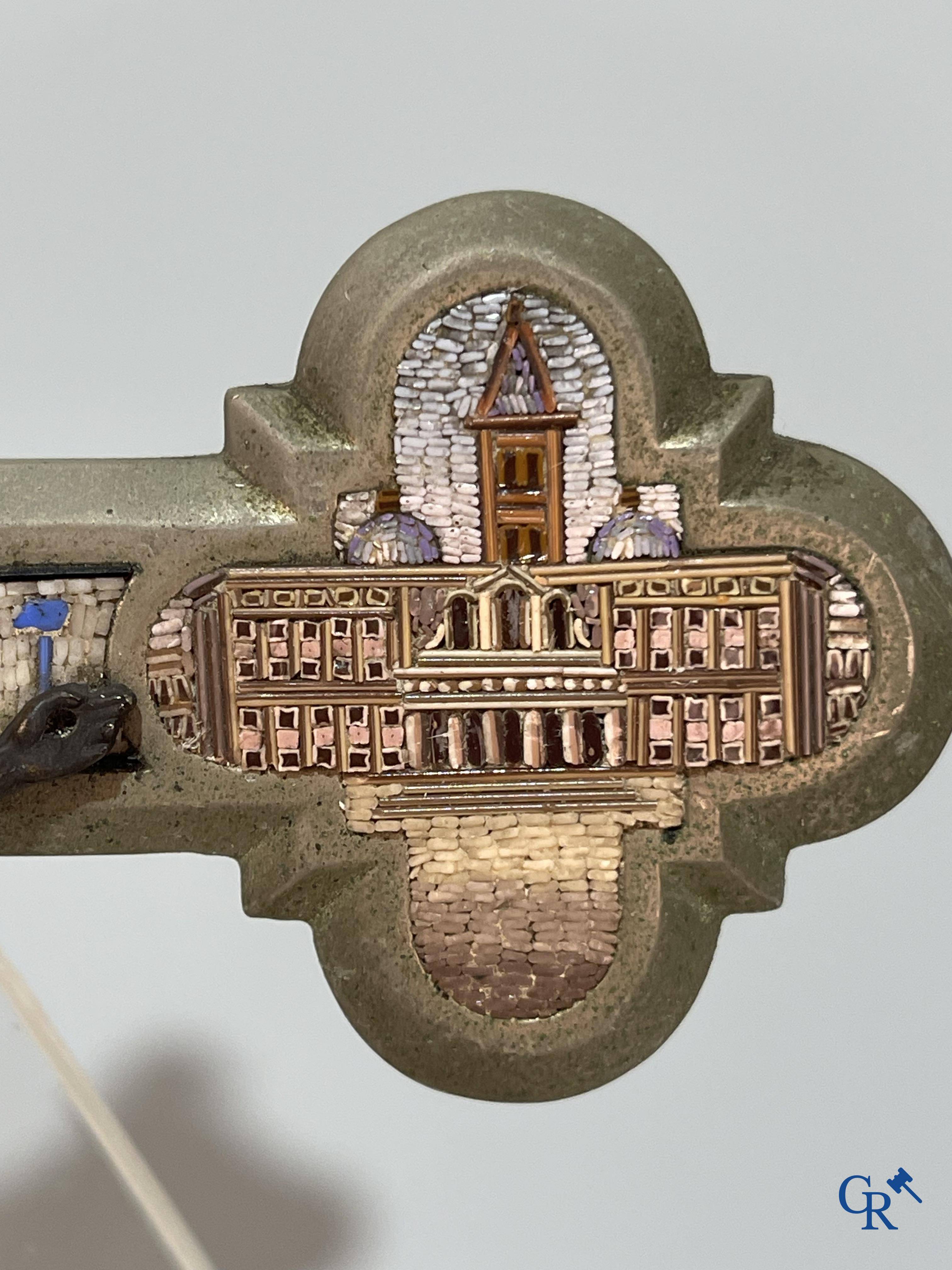 Religious objects, a bronze cross with finely inlaid micro mosaic. Late 19th century.