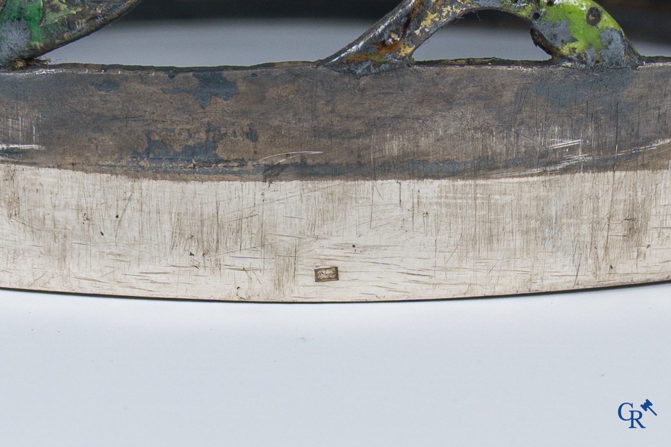 Asian Art, a Chinese silver and enamelled incense burner with candle holders. Marked. 18th-19th century.