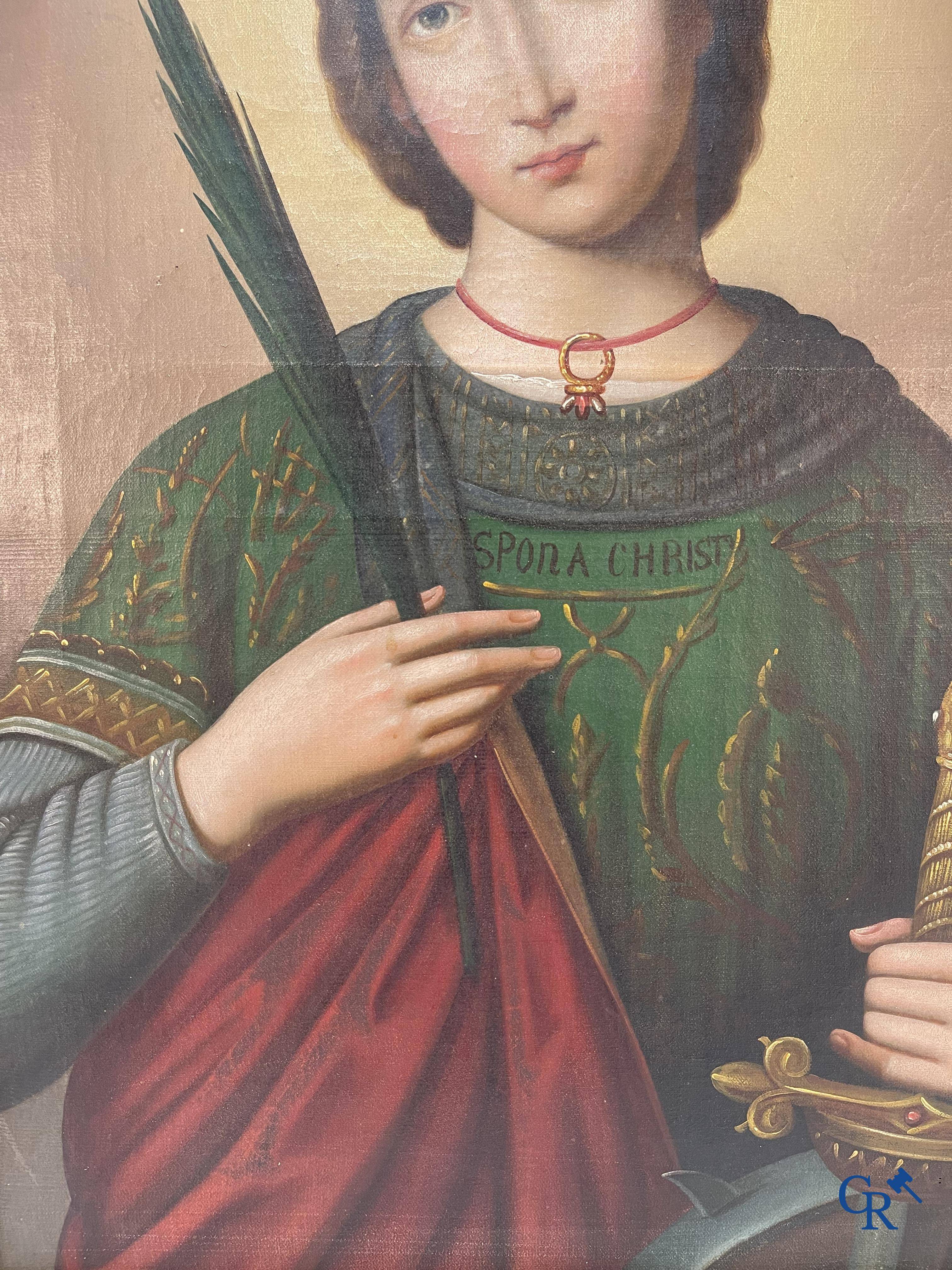 Beautiful painting of Catherine of Alexandria with sword and palm branch in neo Gothic style. Oil on canvas. 19th century.